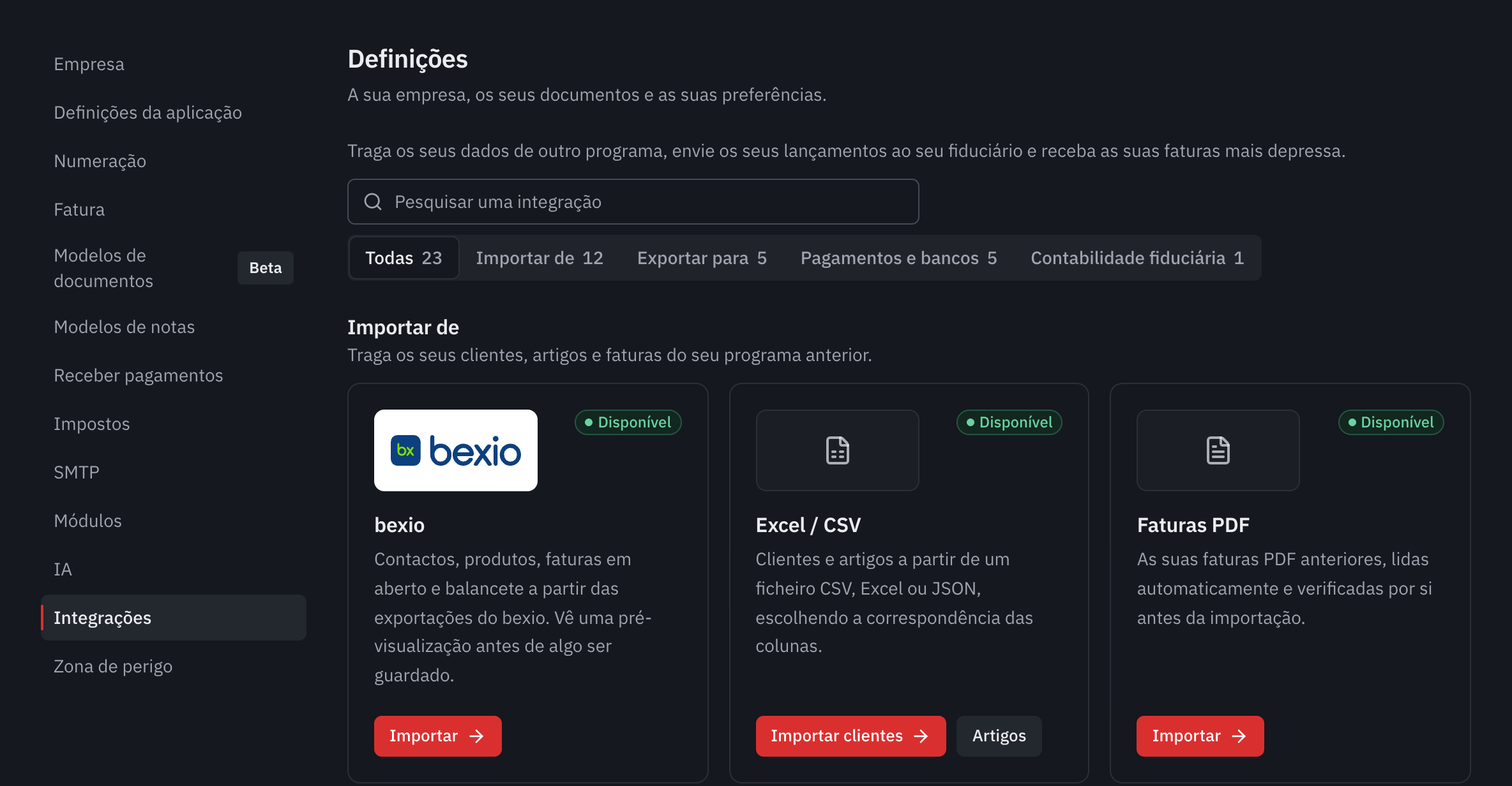 O separador Integrações das definições: a pesquisa, as categorias e os cartões bexio, Excel / CSV e Faturas PDF.