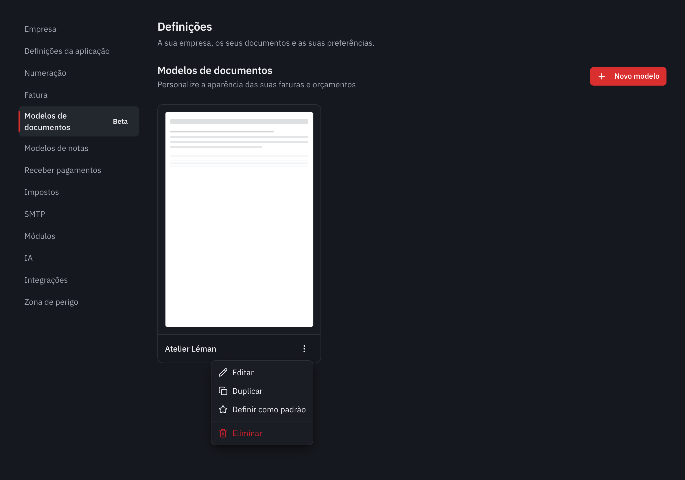 A lista dos modelos de documentos, com o menu de um modelo aberto: Editar, Duplicar, Definir como padrão, Eliminar.