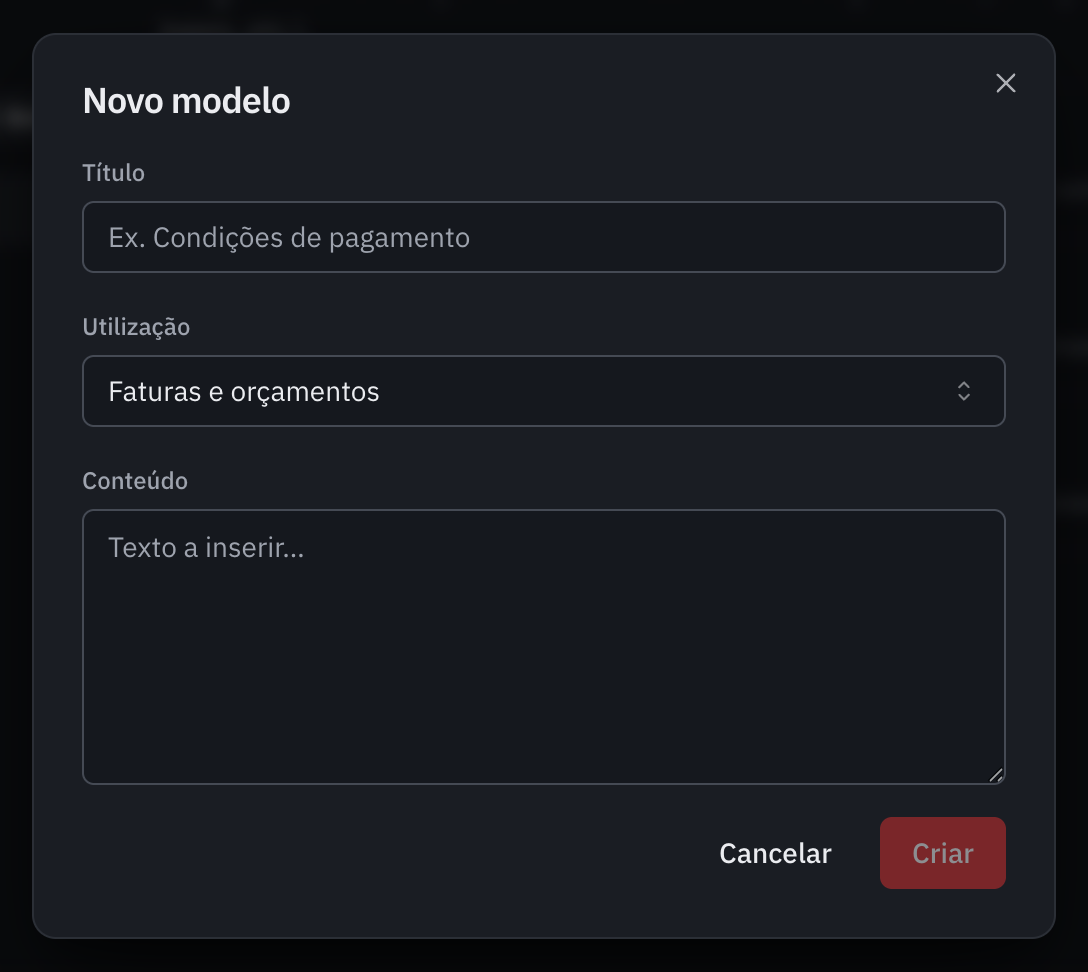 A janela Novo modelo: o título, a utilização e o conteúdo da nota.