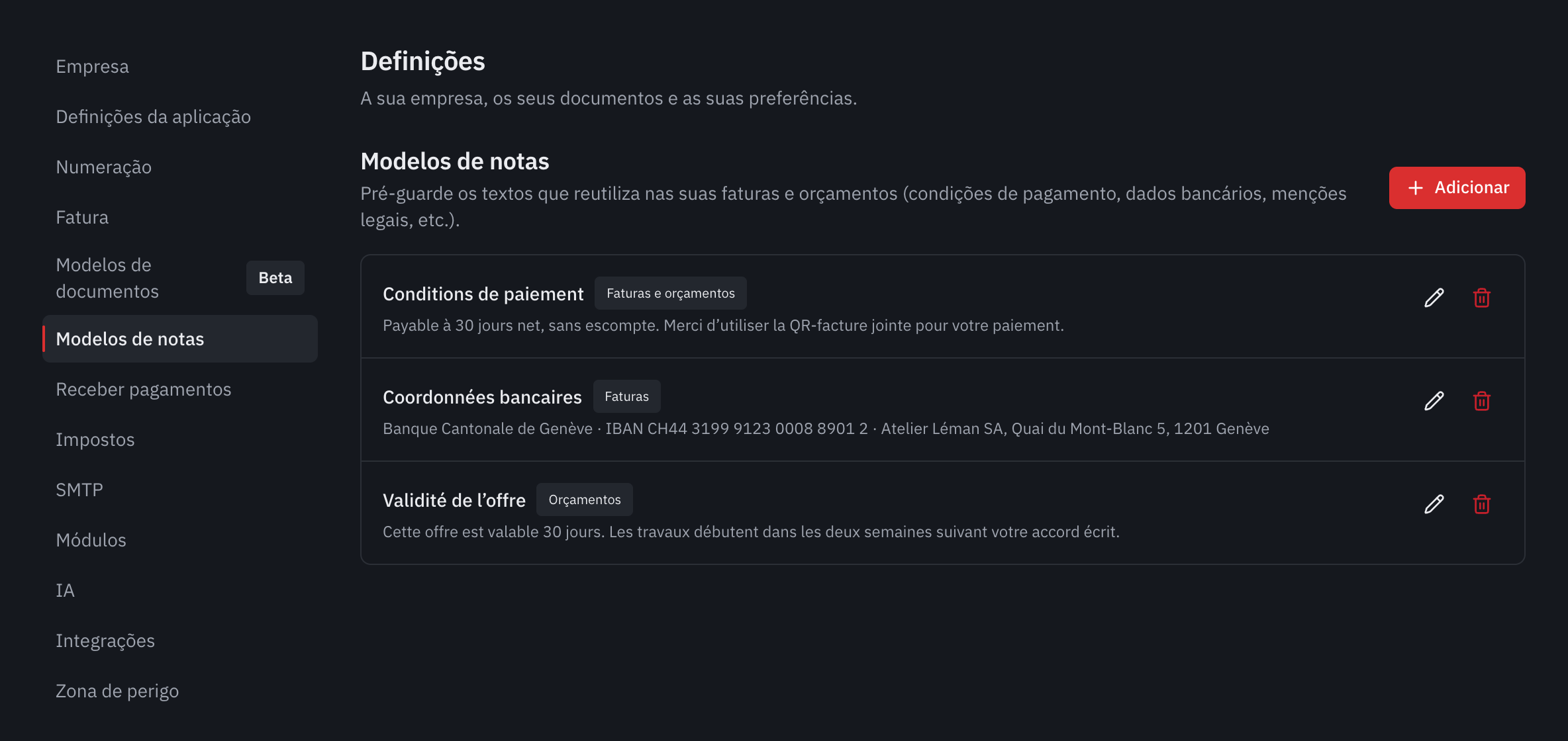 A lista dos modelos de notas: condições de pagamento, dados bancários e validade da proposta, com a respetiva utilização.