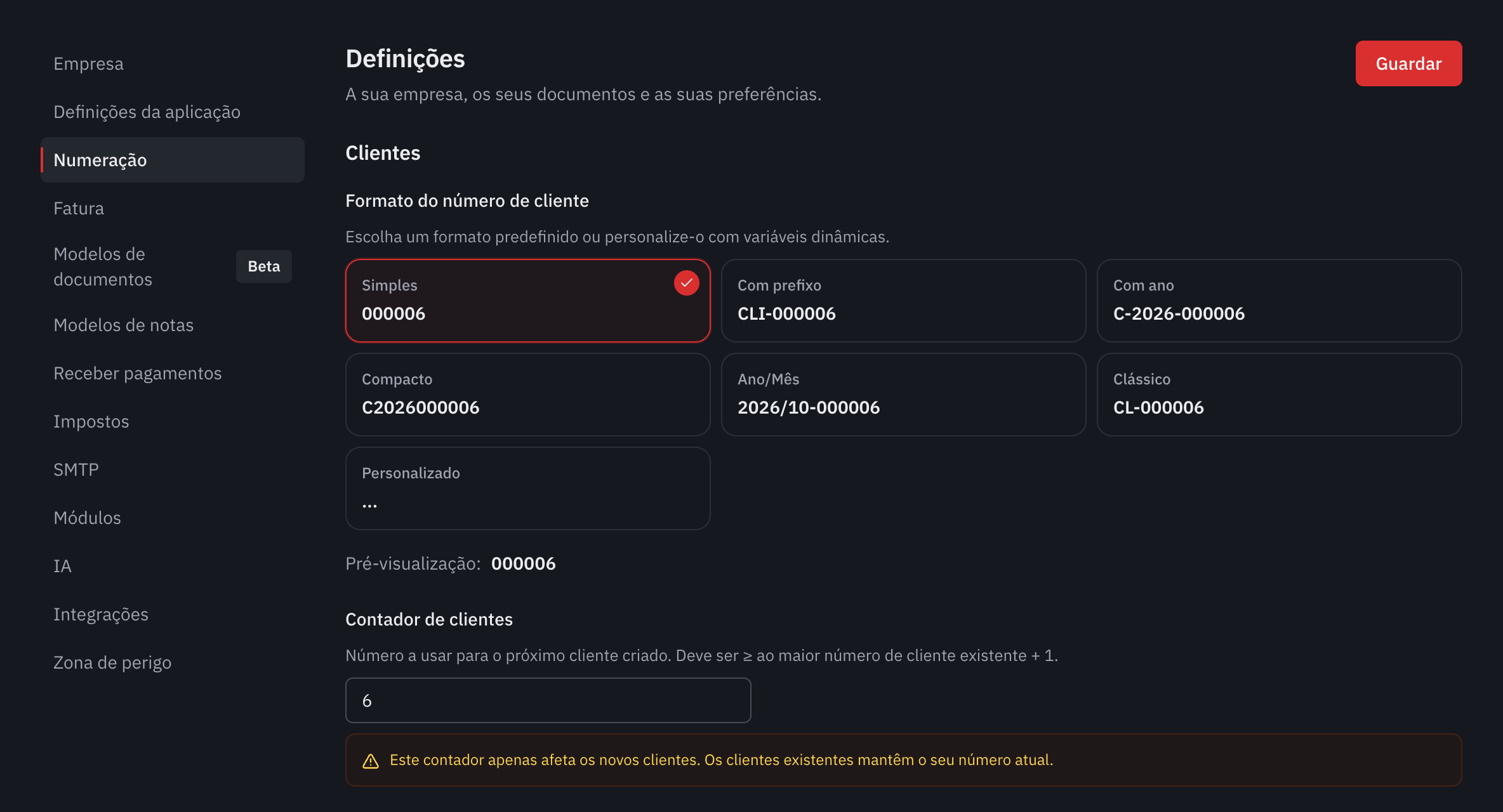 A parte Clientes da numeração: os formatos propostos, a pré-visualização e o contador de clientes.