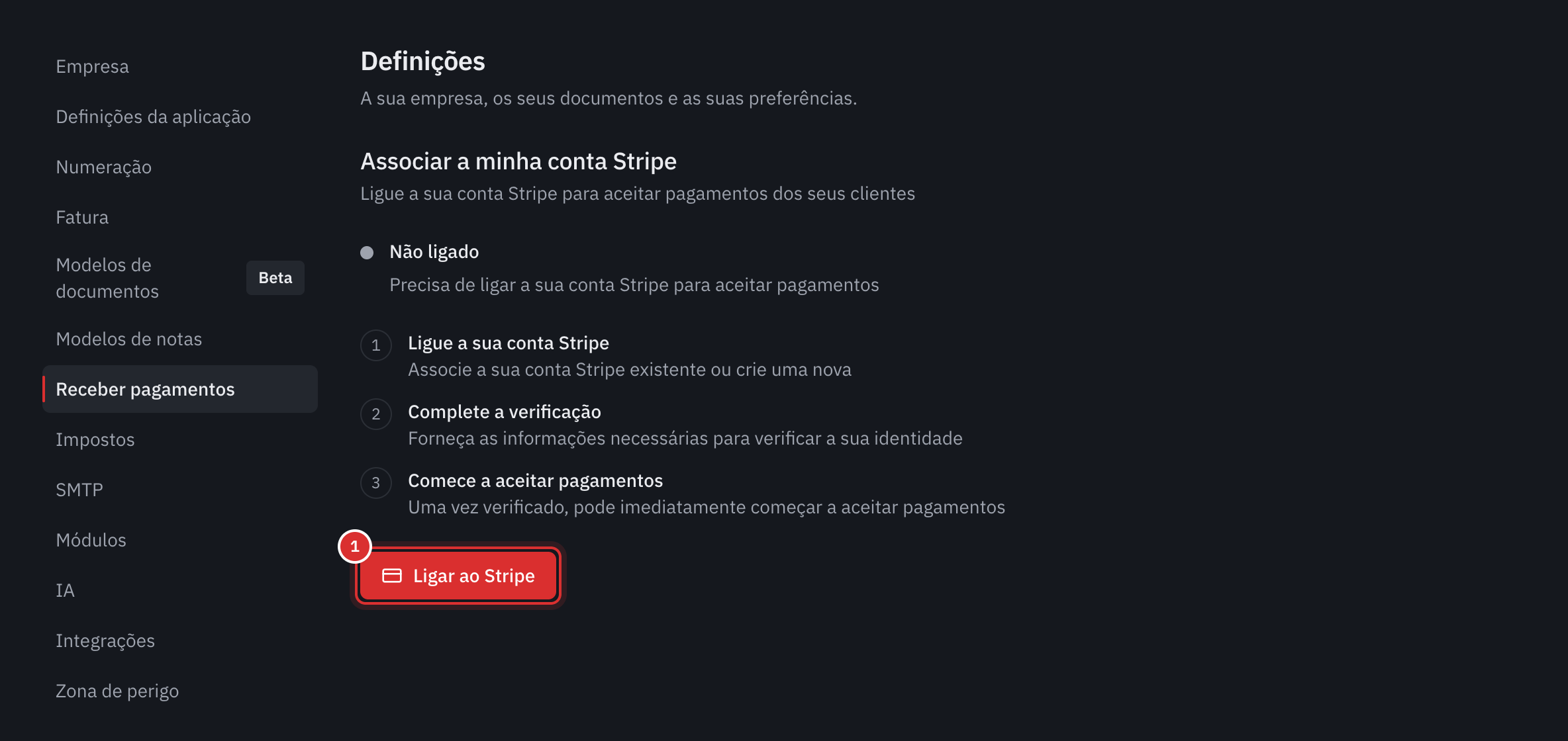 O separador Receber pagamentos: o quadro Não ligado, as três etapas e o botão Ligar ao Stripe.