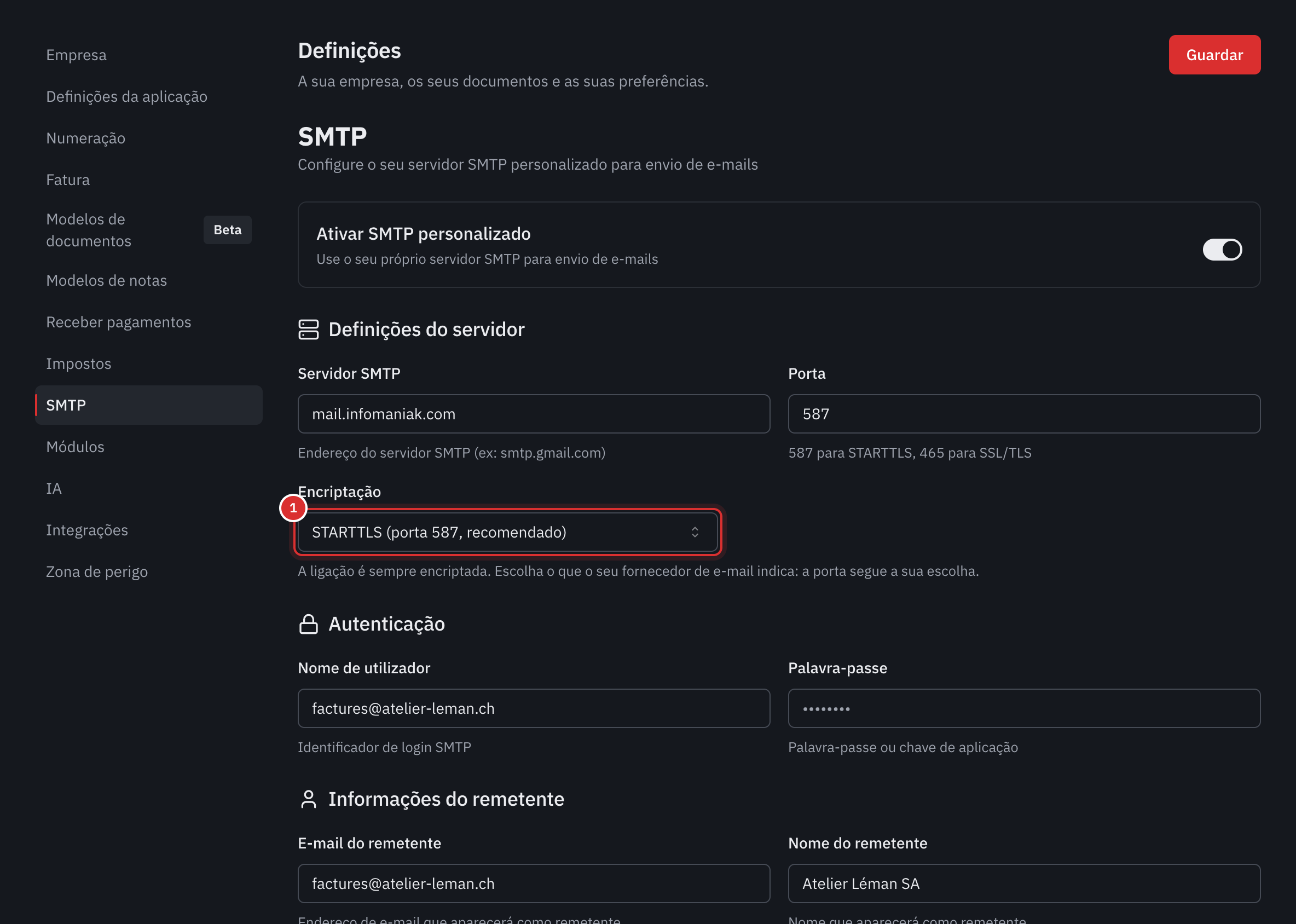 O separador SMTP: o servidor, a porta, a encriptação, a autenticação e o remetente.