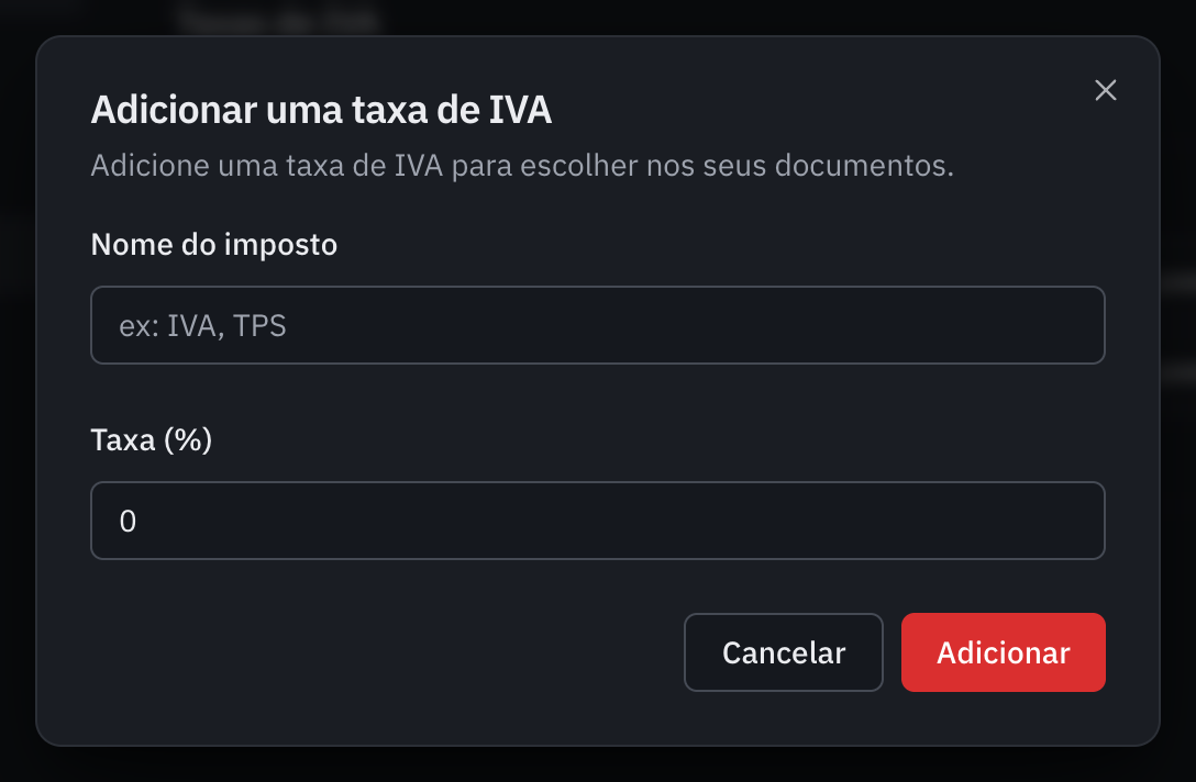 A janela Adicionar uma taxa de IVA: o nome do imposto e a taxa em percentagem.