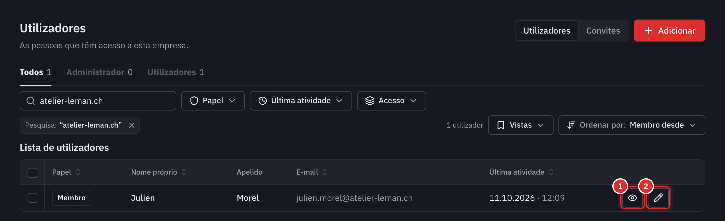 A lista dos utilizadores: o papel, o nome próprio, o apelido, o e-mail e a última atividade de cada um, com os botões Detalhes e Editar.