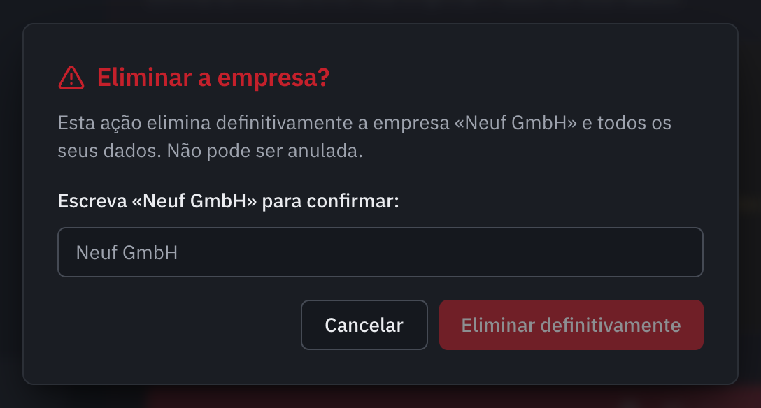 A janela Eliminar a empresa?: o nome da empresa a escrever e o botão Eliminar definitivamente.