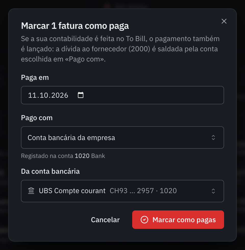 A janela para marcar 1 fatura como paga: a data de pagamento, Pago com Conta bancária da empresa, registado na conta 1020, e a conta bancária UBS conta corrente.