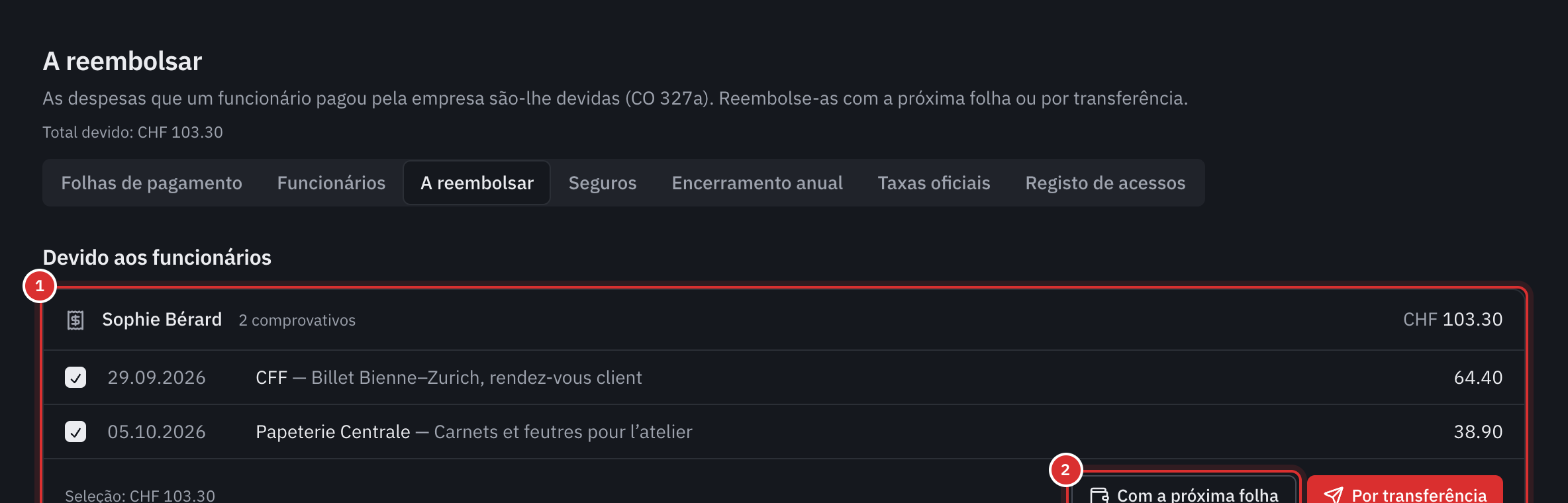A página A reembolsar: em Devido aos funcionários, duas despesas adiantadas por Sophie Bérard, assinaladas, com os botões Com a próxima folha e Por transferência.