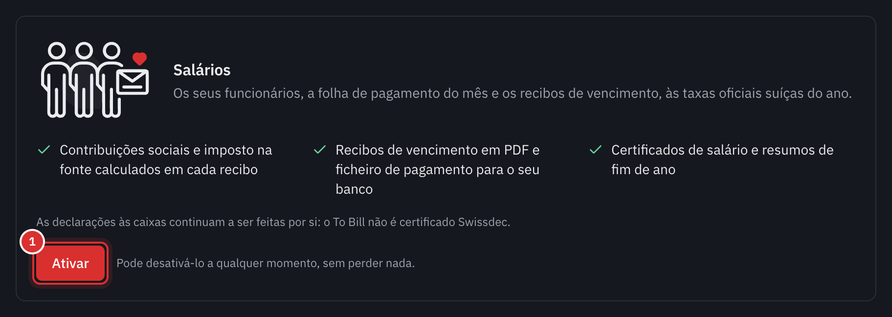 O cartão Salários em Definições, Módulos: o que o módulo faz, a menção Swissdec e o botão Ativar.