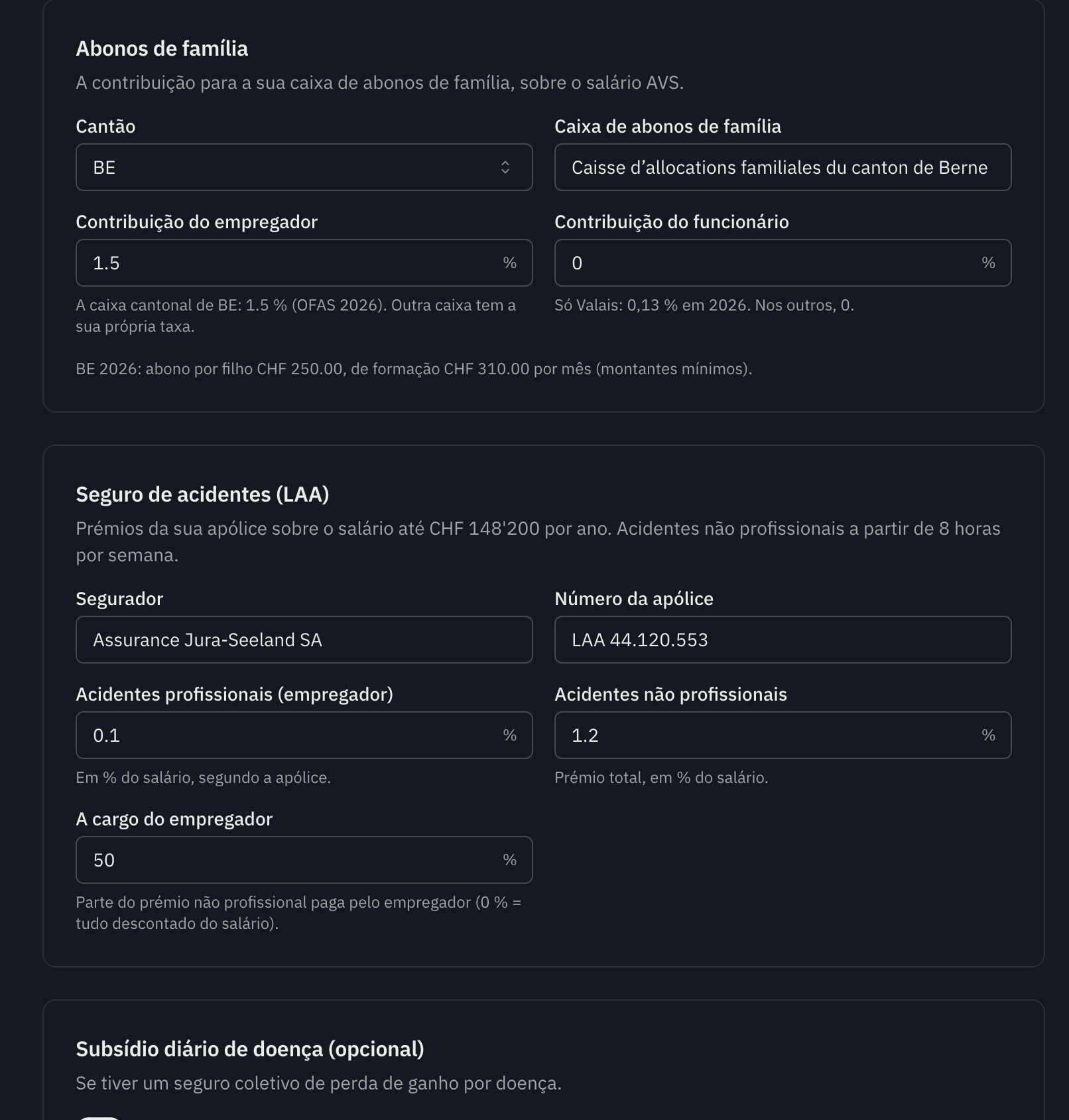 As secções Abonos de família e Seguro de acidentes (LAA): cantão, caixa, taxas do empregador e do funcionário, prémios da apólice.