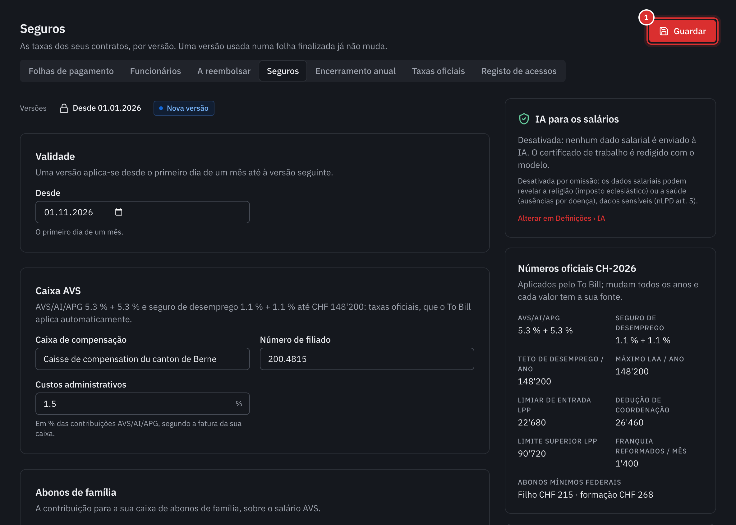 Uma nova versão dos seguros: a data de validade, a caixa AVS e, à direita, os números oficiais do ano.