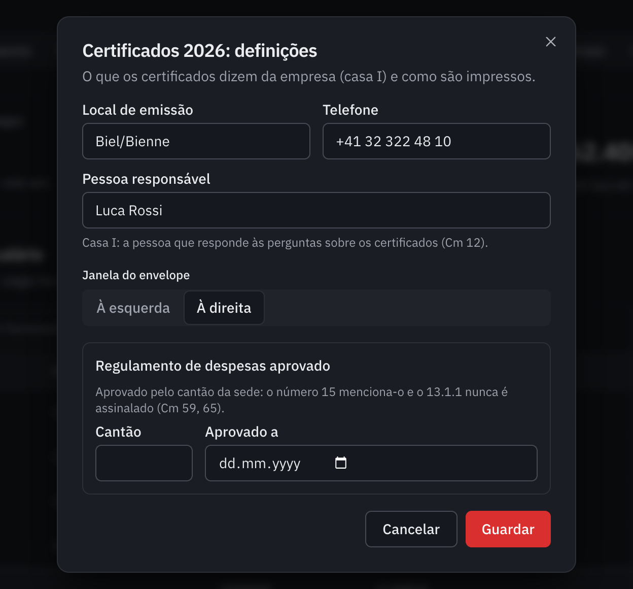 A janela Certificados 2026: definições: local de emissão, telefone, pessoa responsável, janela do envelope e regulamento de despesas aprovado.