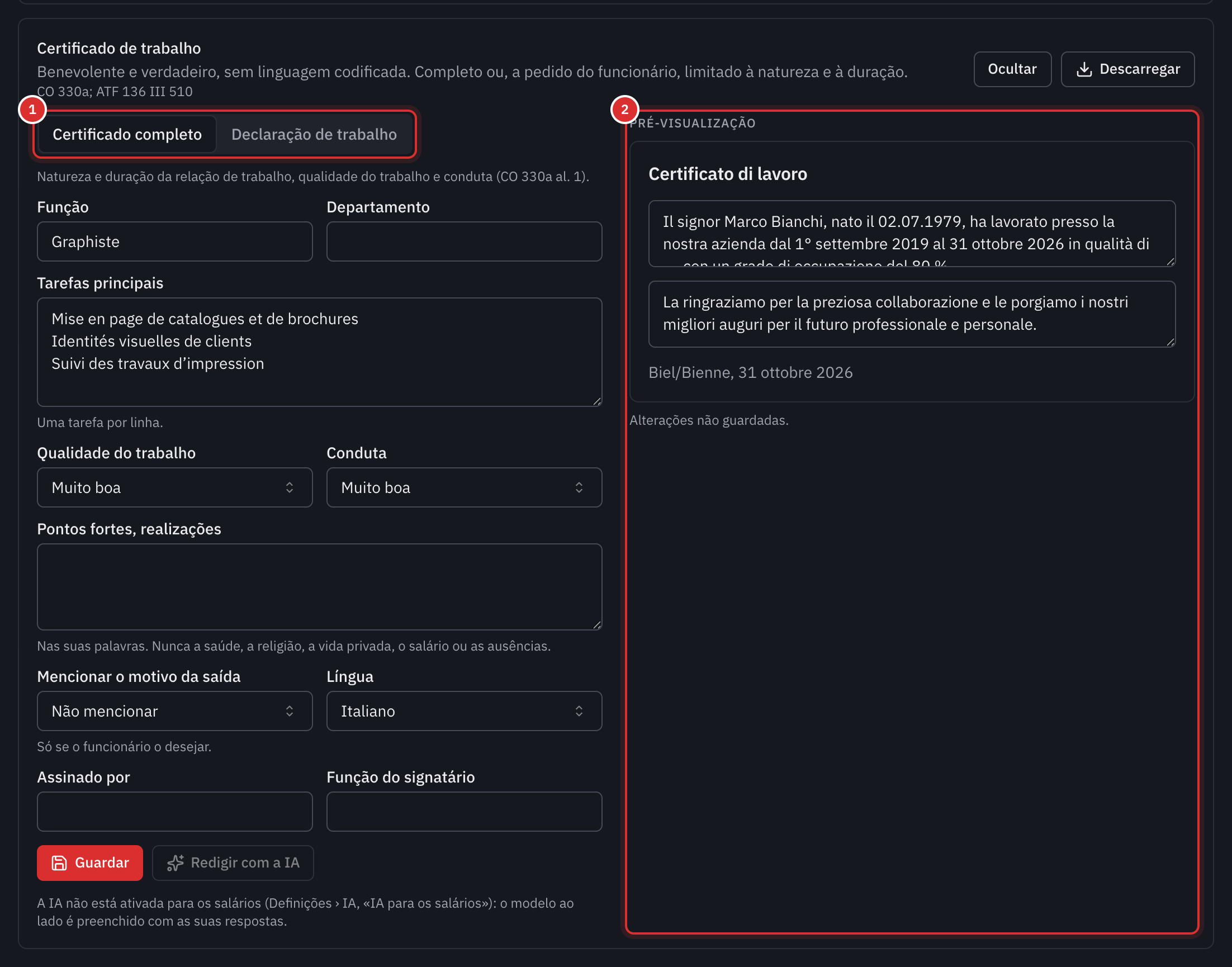 O certificado de trabalho em redação: o tipo Certificado completo, a função, as tarefas, a qualidade do trabalho e a conduta, com a pré-visualização do certificado em italiano ao lado.