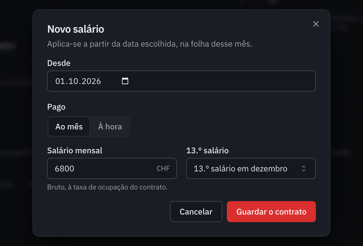 A janela Novo salário: a data de efeito, o salário mensal e o 13.º salário.