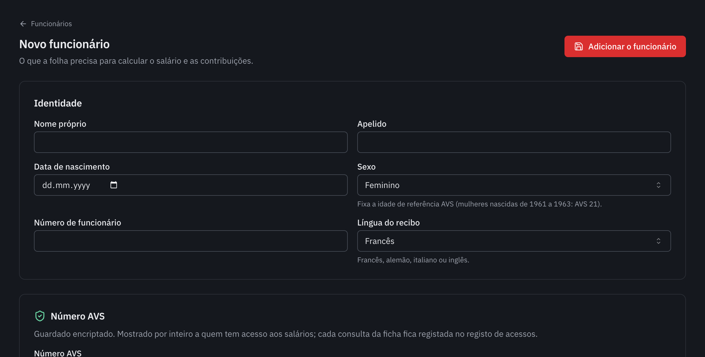 O formulário de novo funcionário: as secções Identidade e Número AVS.