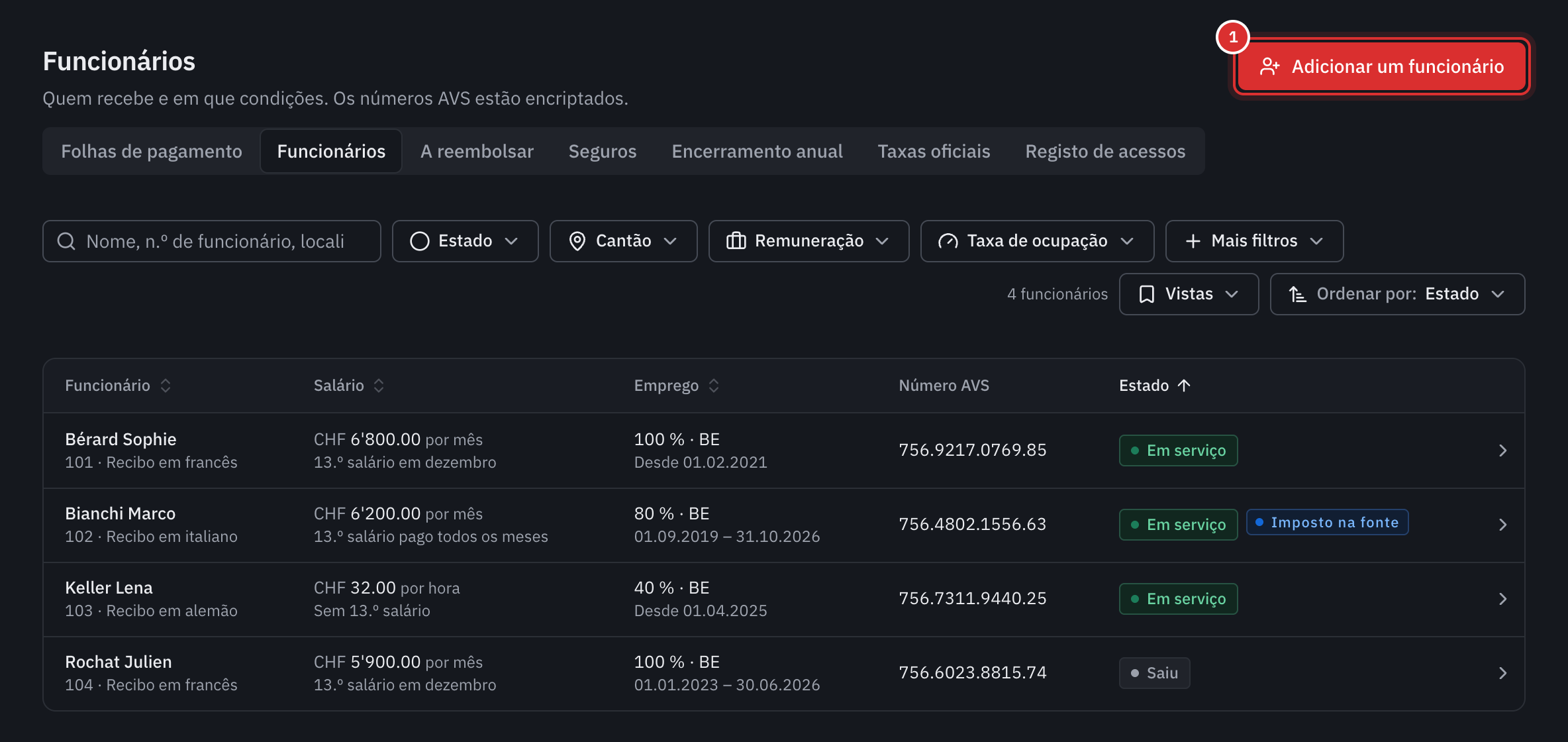 A lista dos funcionários: salário, emprego, número AVS completo e estado, com o botão Adicionar um funcionário.