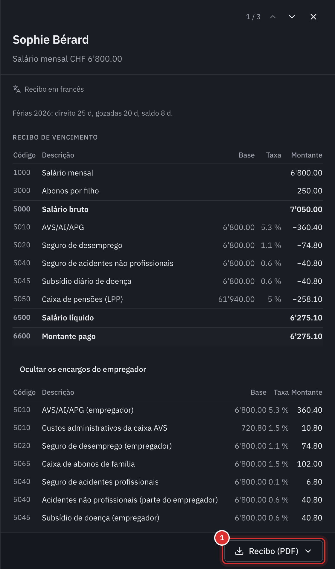 O recibo de vencimento de uma funcionária na folha de pagamento: as linhas de salário, os descontos, o líquido e os encargos do empregador.