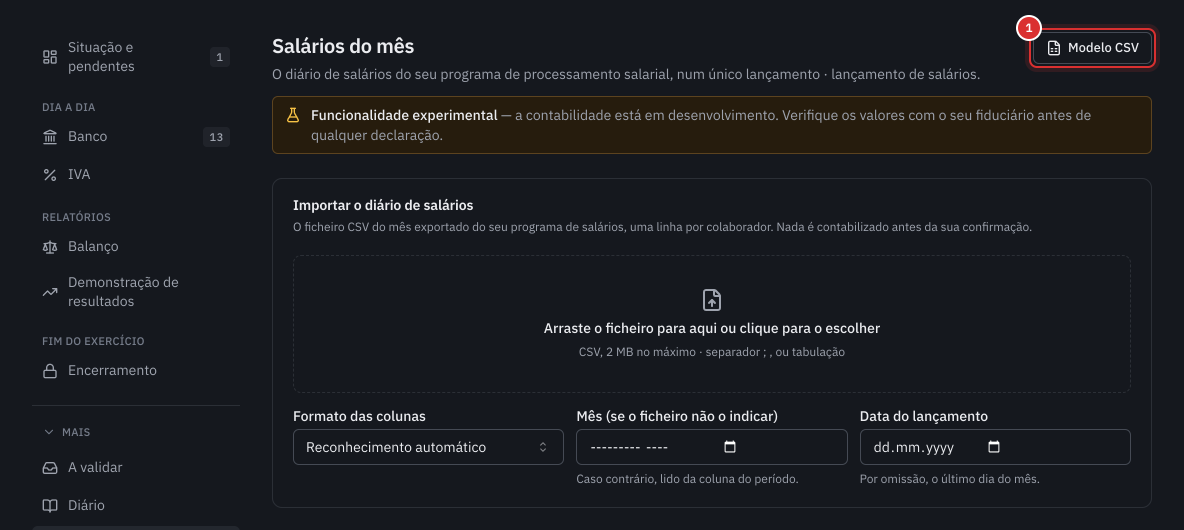 A página Salários do mês da contabilidade: a zona para depositar o diário, o formato das colunas, o mês e a data do lançamento.
