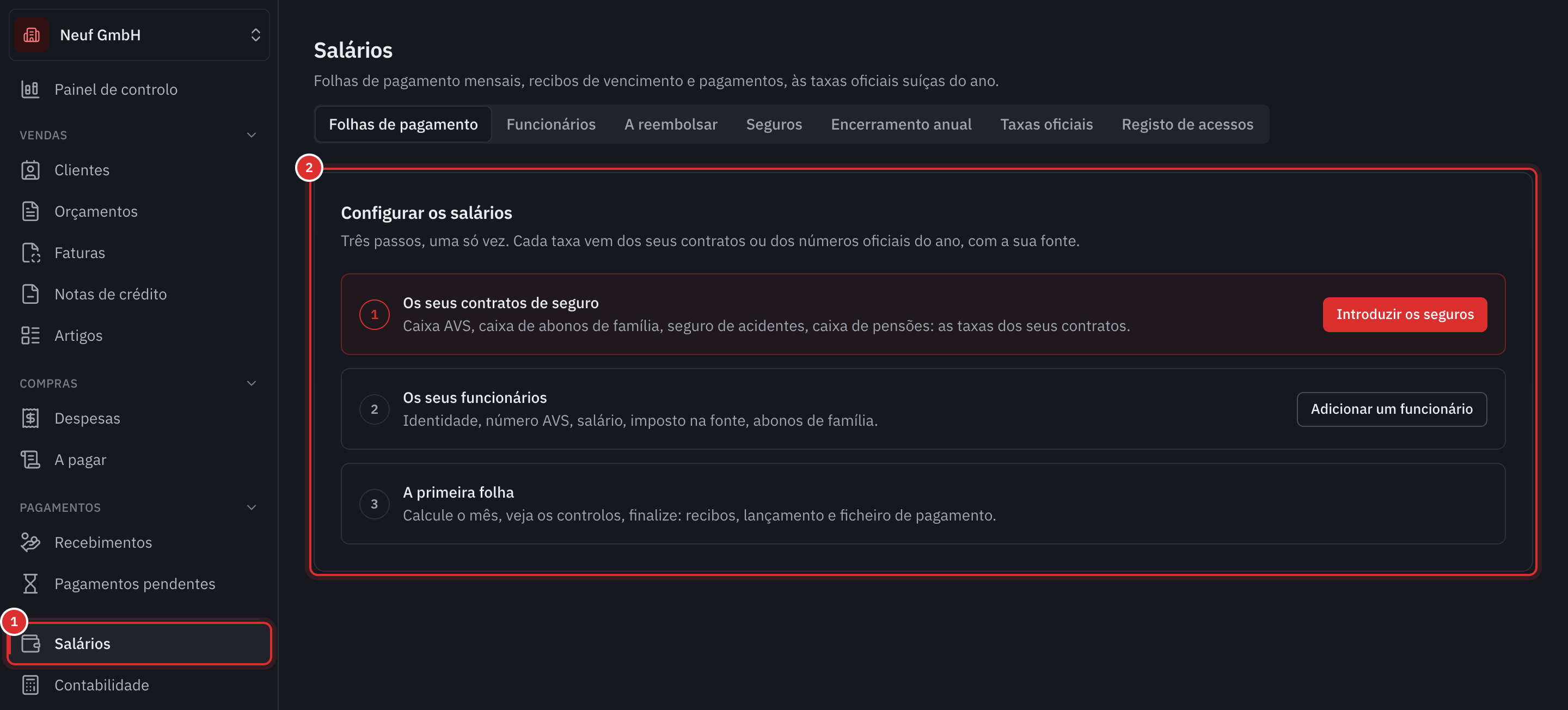 A página Salários de uma empresa que acabou de ativar o módulo: o menu Salários e os três passos de configuração.