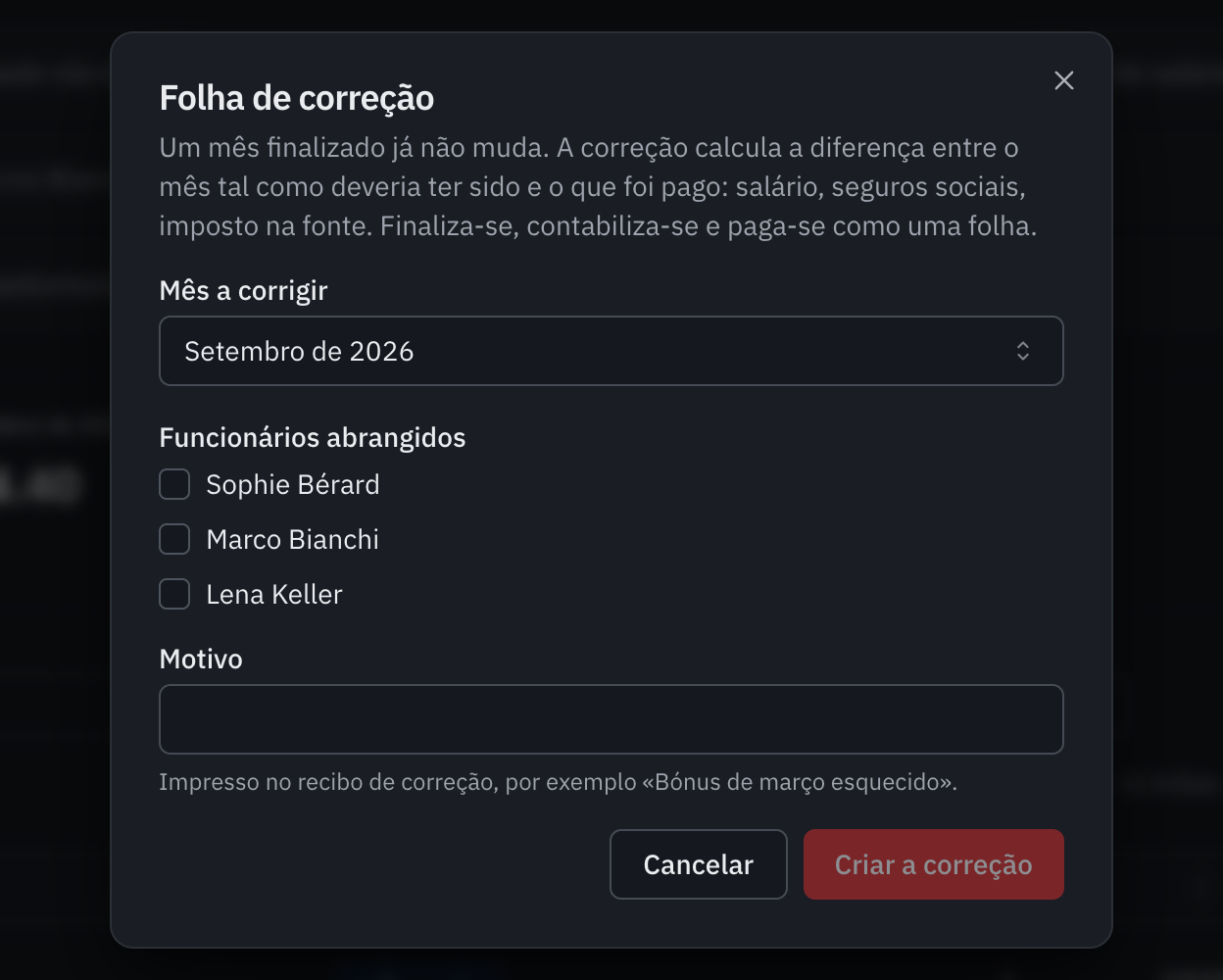 A janela Folha de correção: o mês a corrigir, os funcionários abrangidos e o motivo.