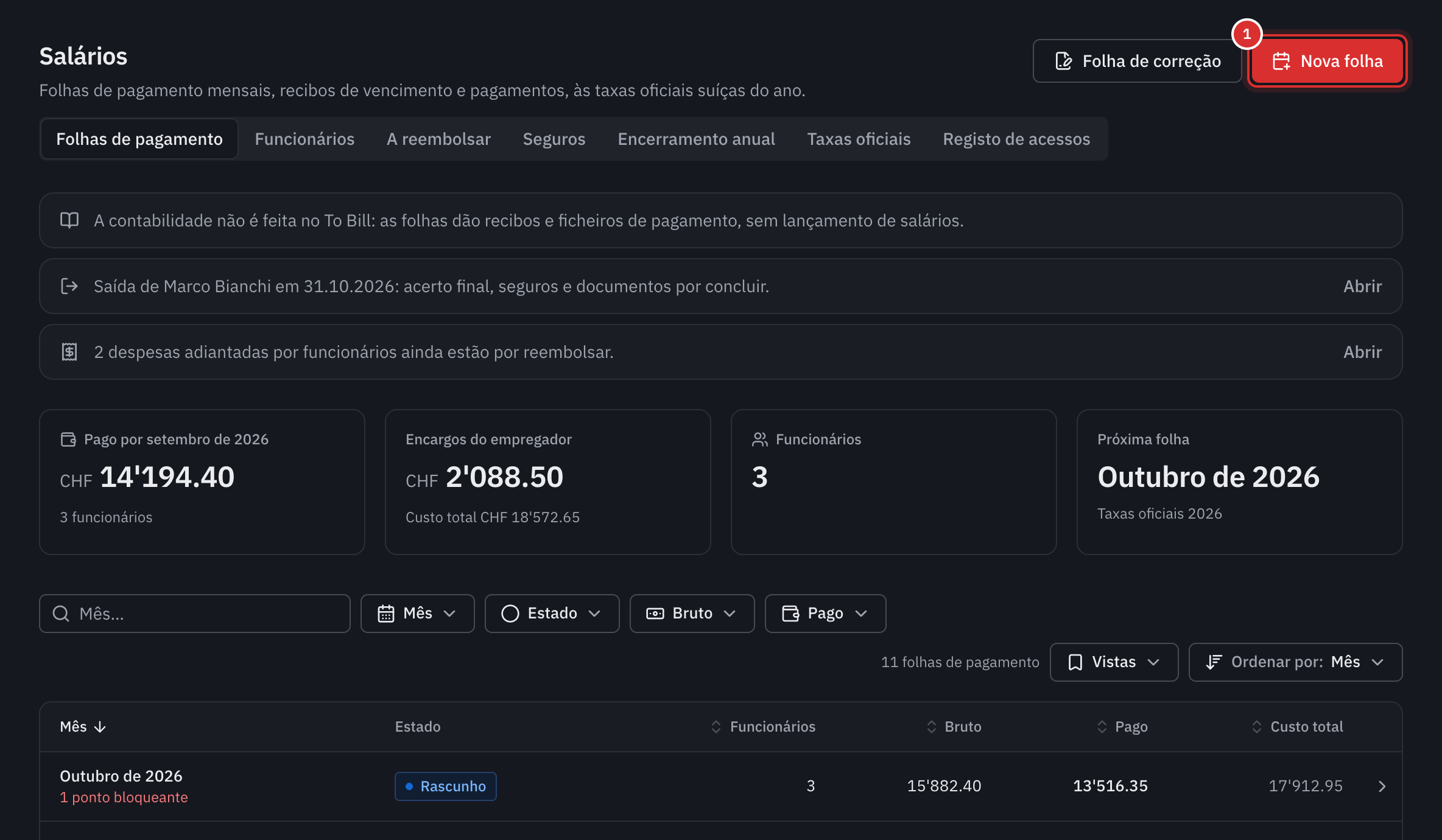 A página Salários: os números do último mês pago, a próxima folha e a lista das folhas de pagamento, com o botão Nova folha.