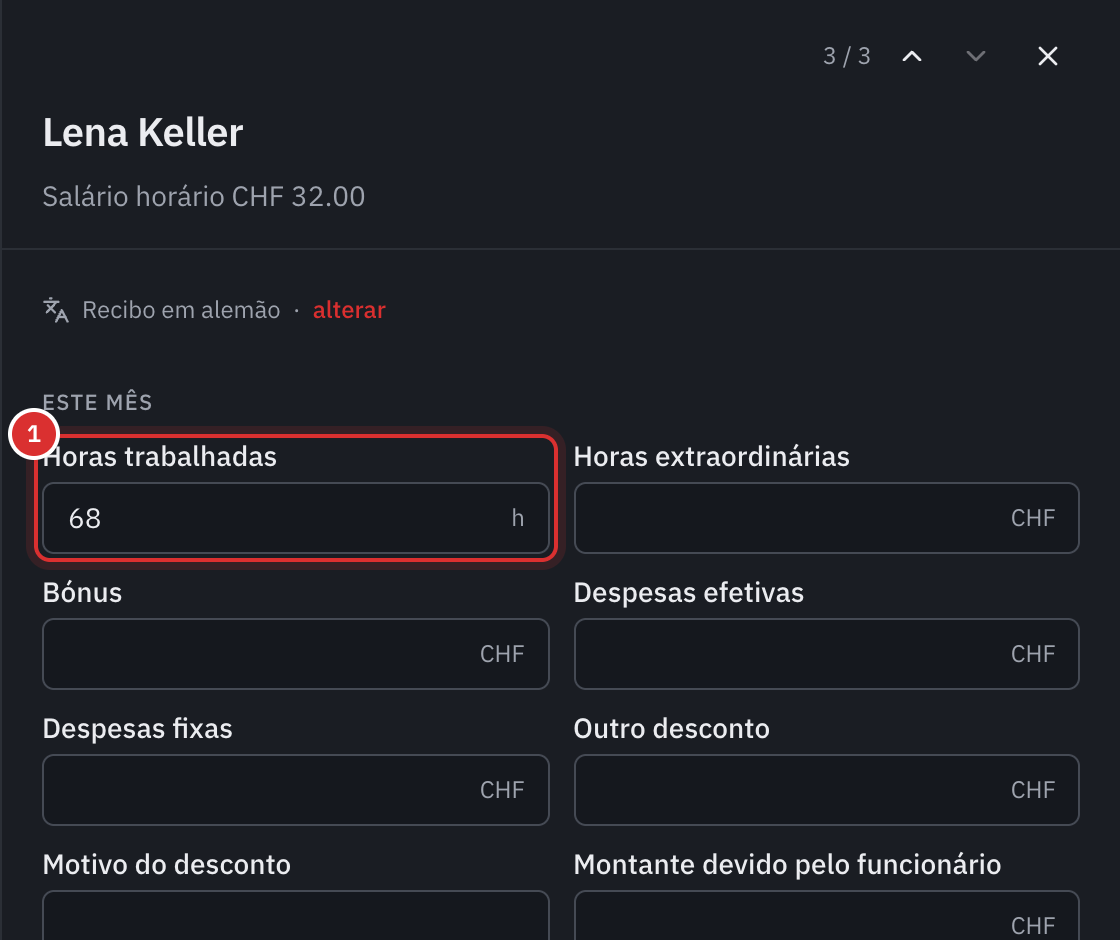 O recibo de uma funcionária paga à hora: os dados do mês, com 68 horas trabalhadas, os controlos dela e o recibo de vencimento.