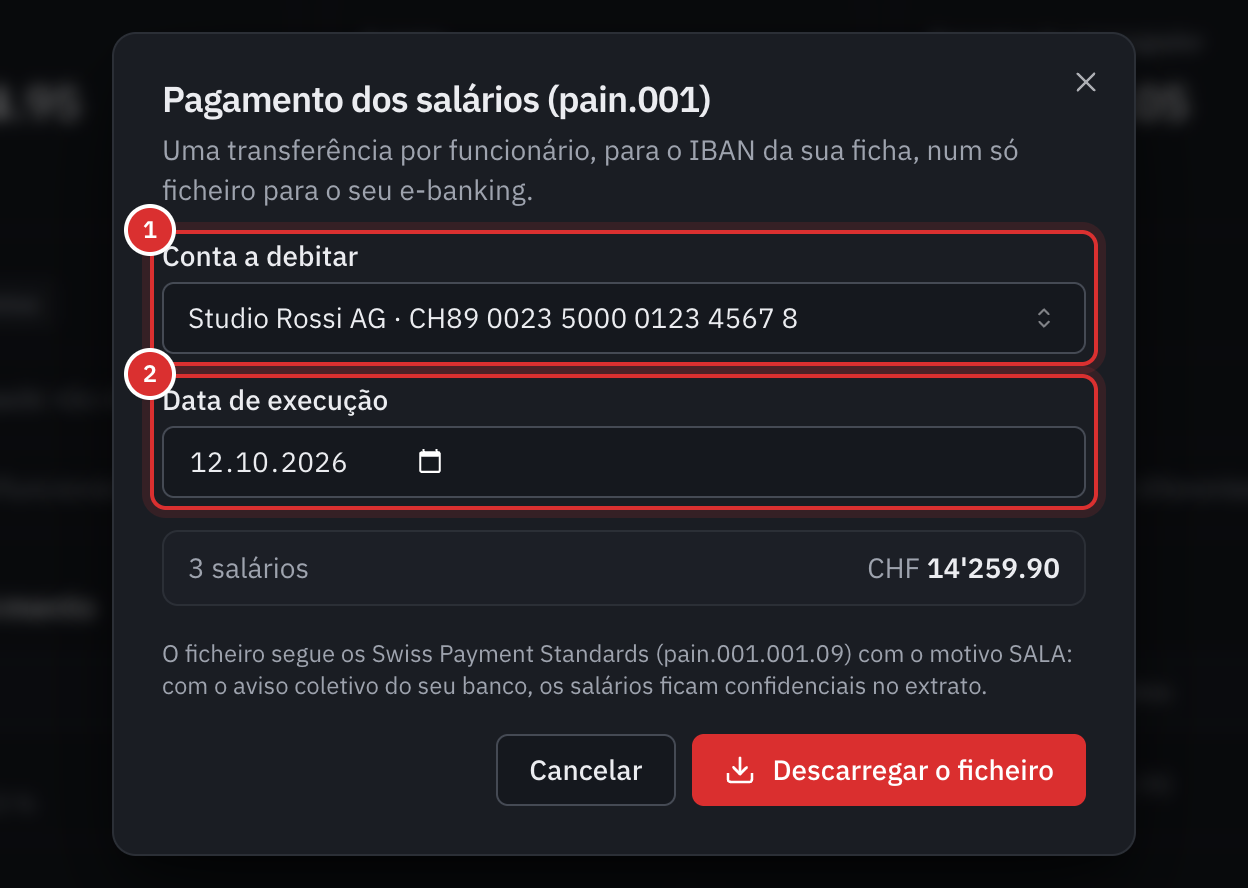 A janela Pagamento dos salários: a conta a debitar, a data de execução, o número de salários e o total.