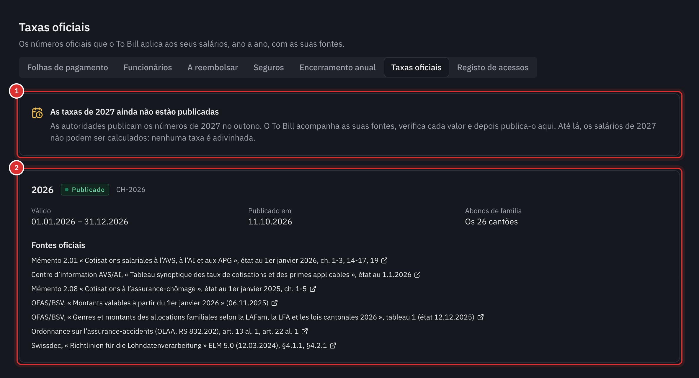 A página Taxas oficiais: o quadro das taxas de 2027 ainda não publicadas (1) e, depois, o ano de 2026 publicado, com o período, a data de publicação, os 26 cantões e as fontes oficiais (2).
