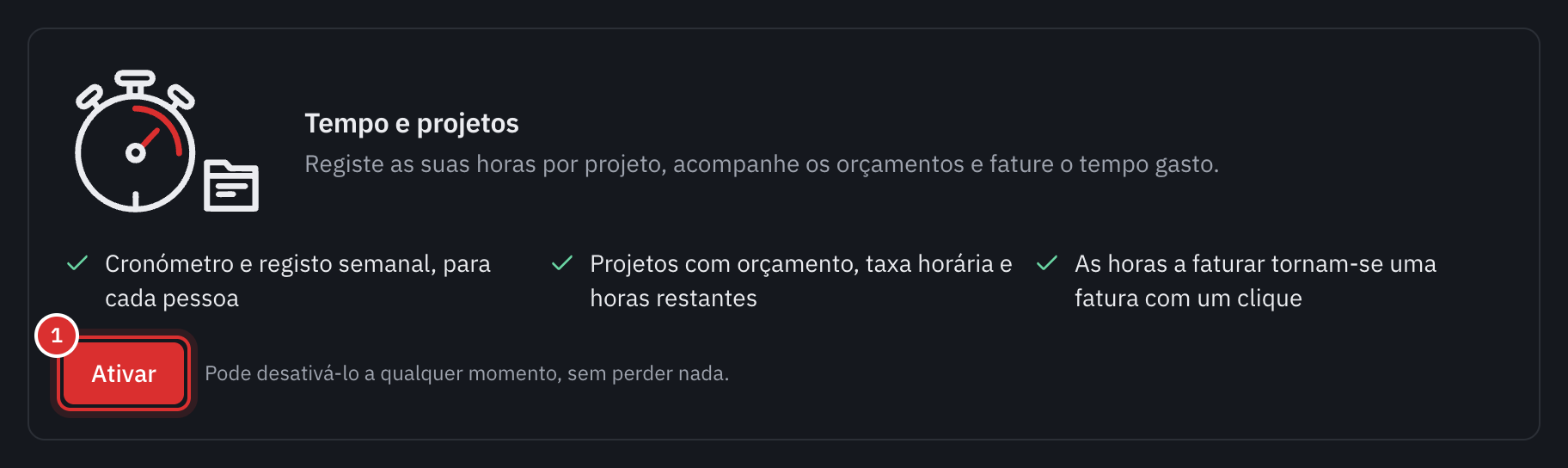 O cartão Tempo e projetos em Definições, Módulos, com o botão Ativar.