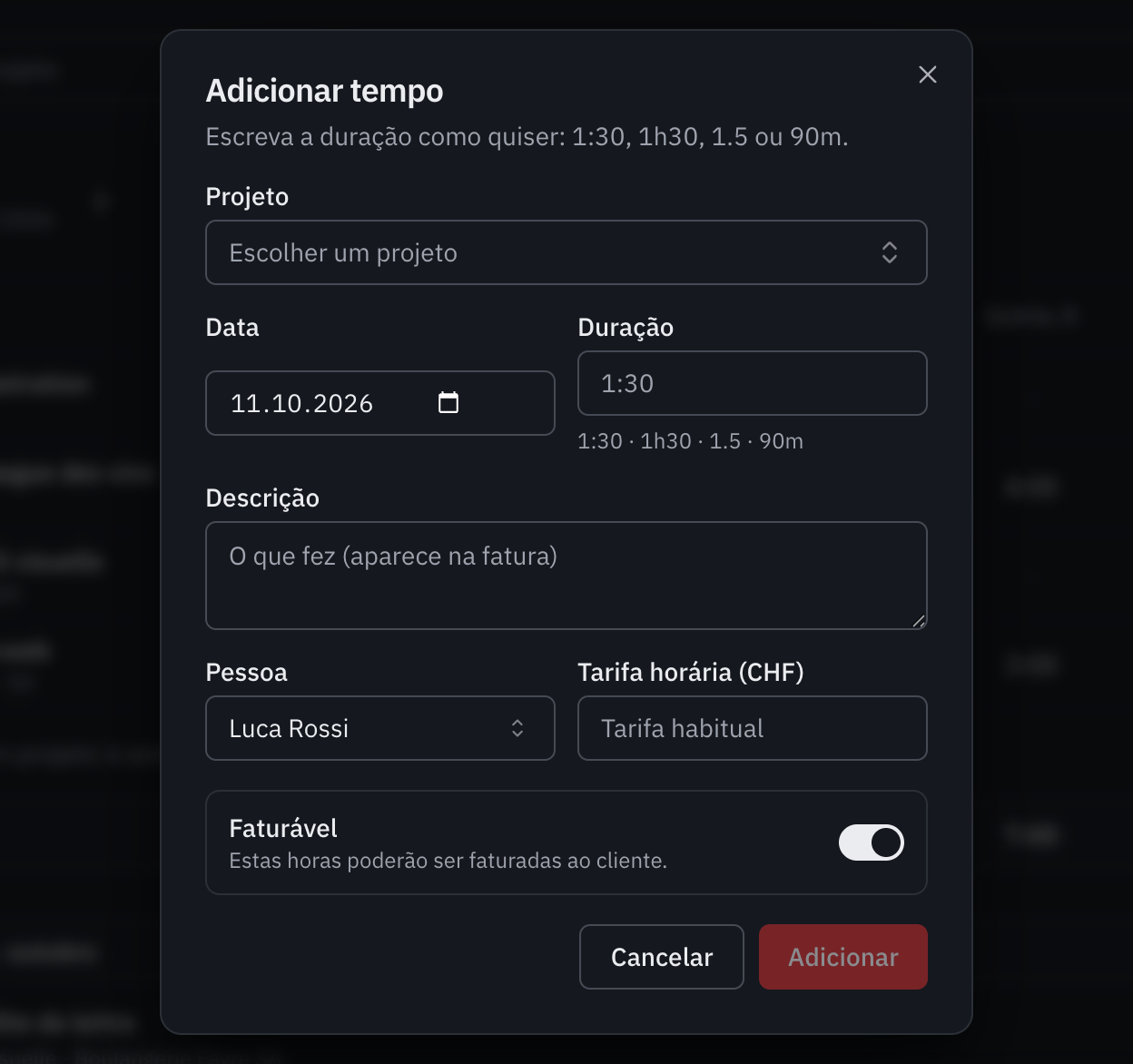 A janela Adicionar tempo: projeto, data, duração, descrição, pessoa, tarifa horária e faturável.