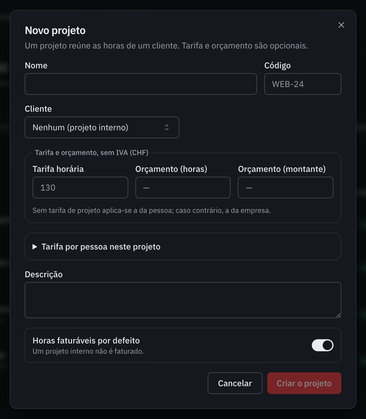 A janela Novo projeto: nome, código, cliente, tarifa e orçamento, tarifa por pessoa, descrição e horas faturáveis por defeito.