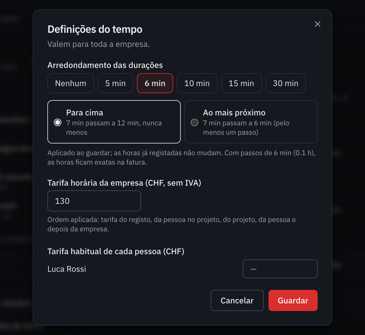 A janela Definições do tempo: o arredondamento das durações, o sentido do arredondamento, a tarifa horária da empresa e a tarifa de cada pessoa.
