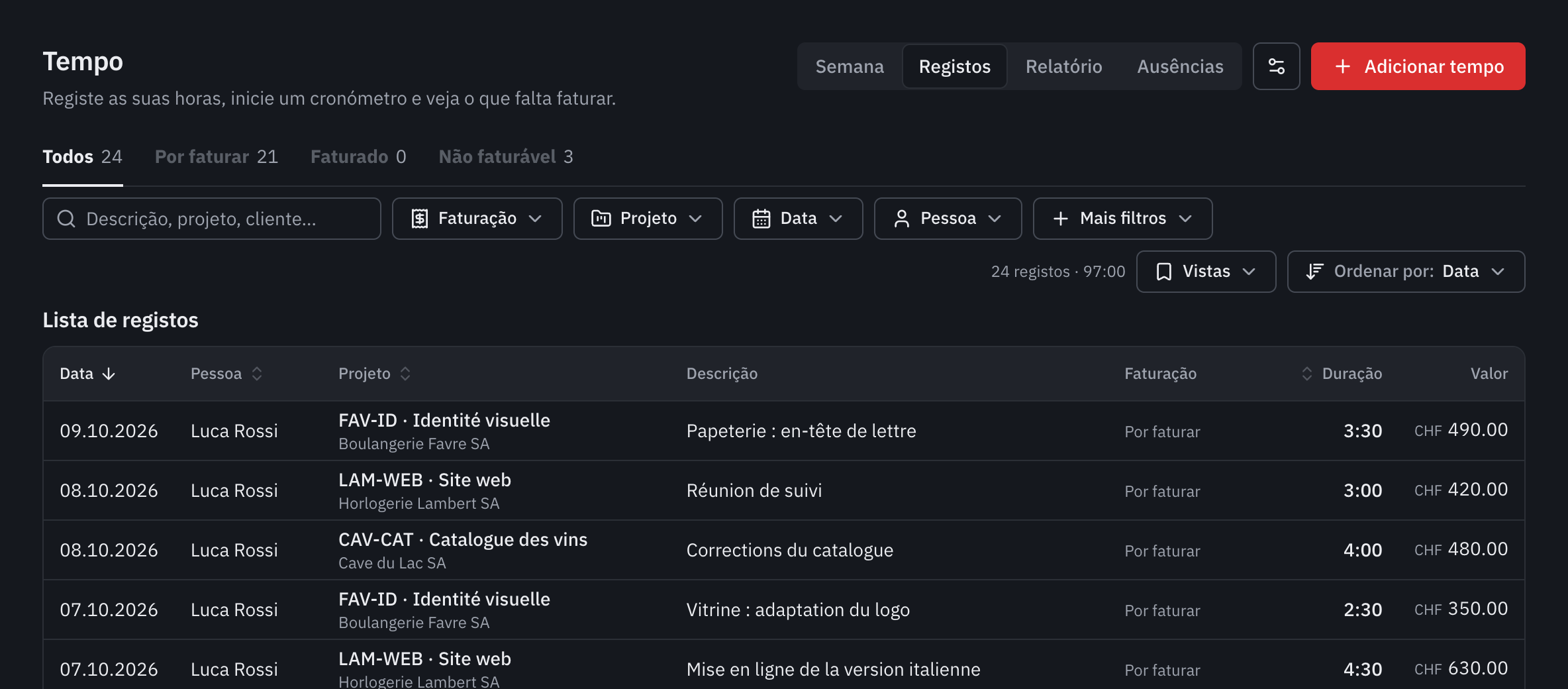 O separador Registos: os separadores Todos, Por faturar, Faturado e Não faturável, os filtros e a lista dos registos com o respetivo valor.