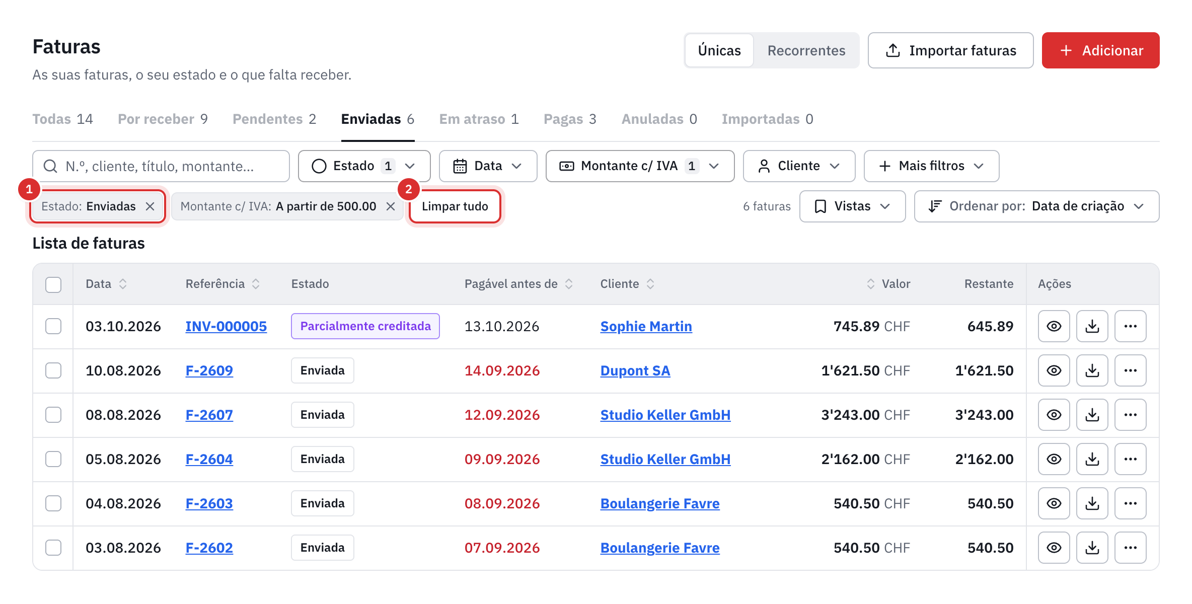 Dois filtros ativos, Estado Enviadas e Montante c/ IVA a partir de 500, com Limpar tudo e a lista reduzida a cinco faturas.