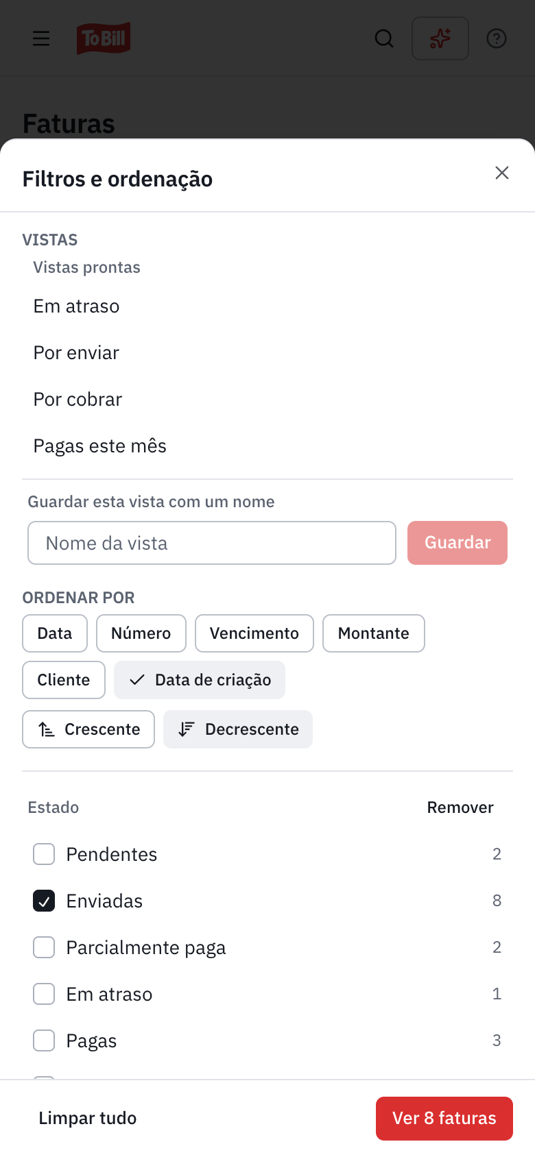 O painel Filtros e ordenação num telemóvel: as vistas, a ordenação e o filtro Estado, com o botão Ver 7 faturas.