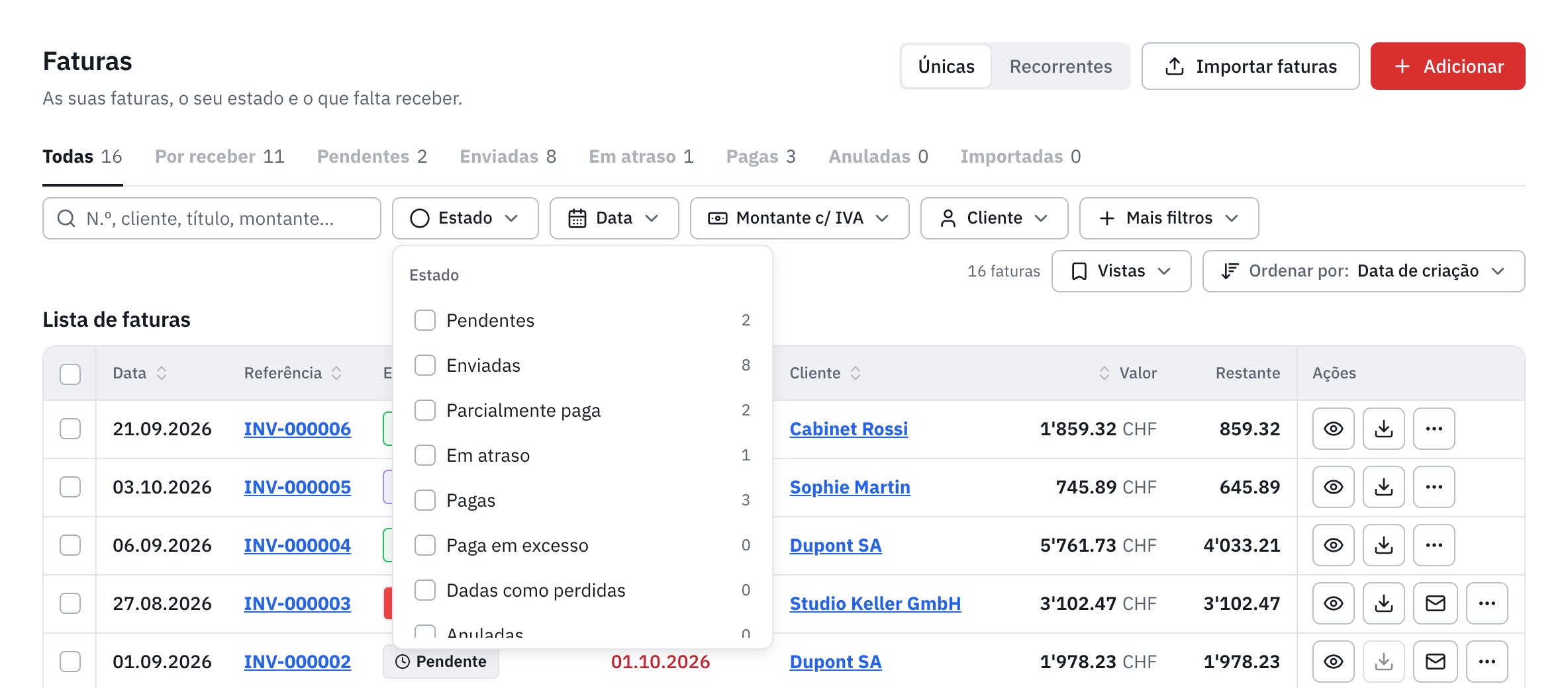 O filtro Estado aberto: Pendente, Enviadas, Parcialmente paga, Em atraso, Pagas, com as respetivas quantidades.