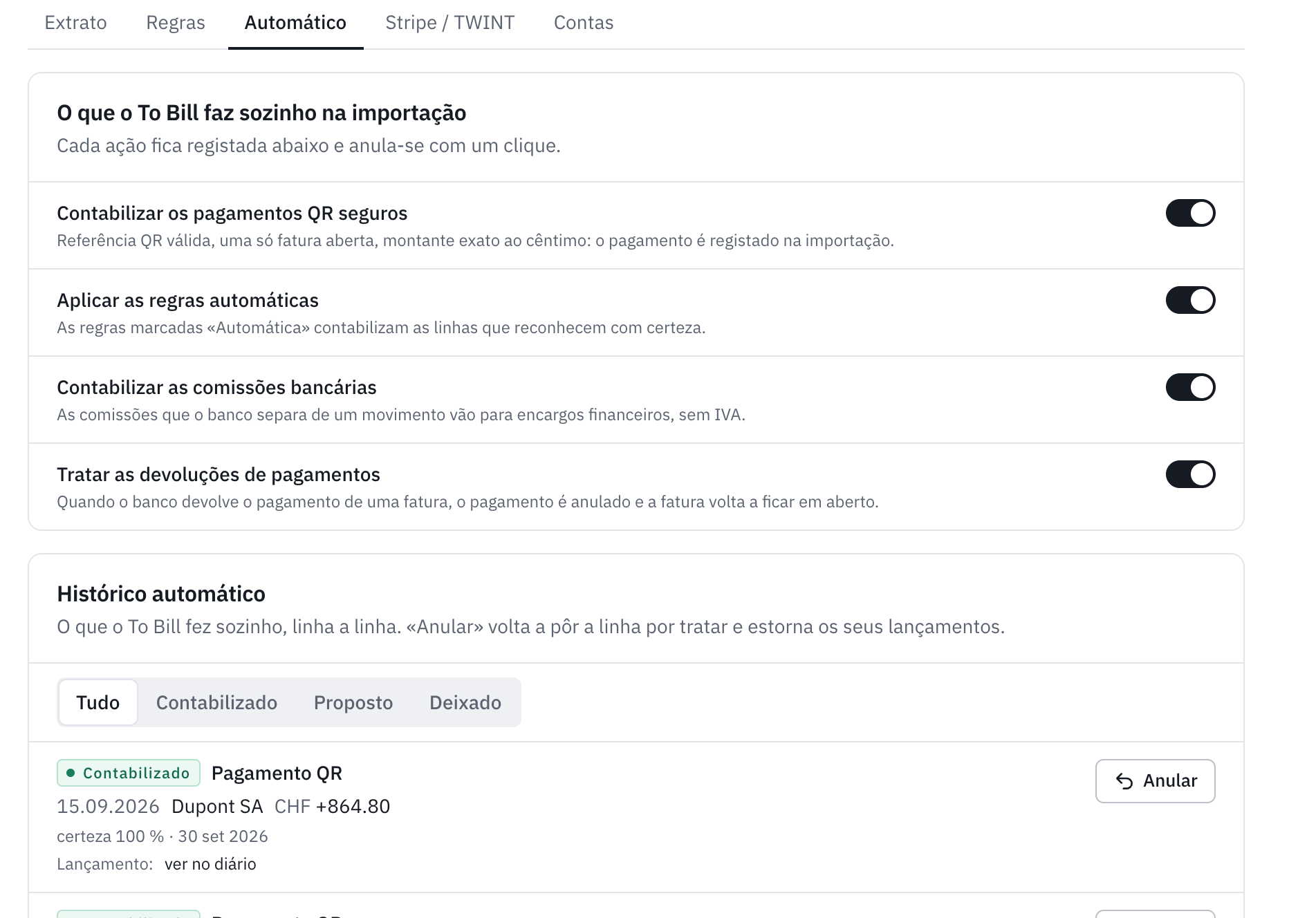 O separador Automático: os quatro interruptores, todos ativados, e por baixo o histórico automático com um pagamento QR contabilizado e o respetivo botão Anular.