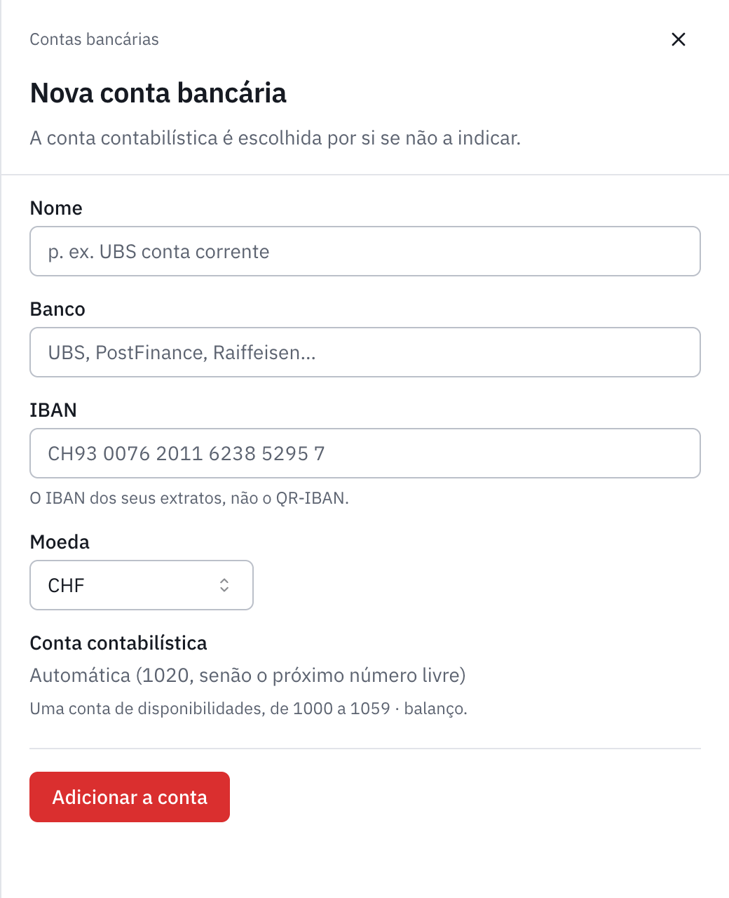 O formulário Nova conta bancária: o nome, o banco, o IBAN, a moeda, a conta contabilística automática e o botão Adicionar a conta.