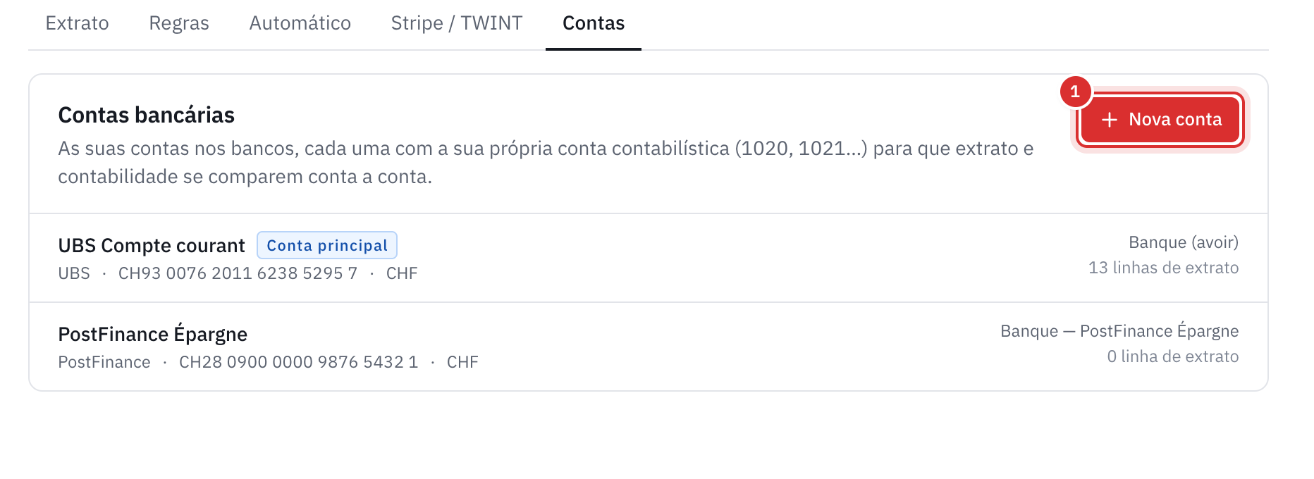 O separador Contas do banco: UBS Compte courant, marcada como Conta principal, e PostFinance Épargne, com o IBAN, a moeda, a conta contabilística e o número de linhas de extrato.