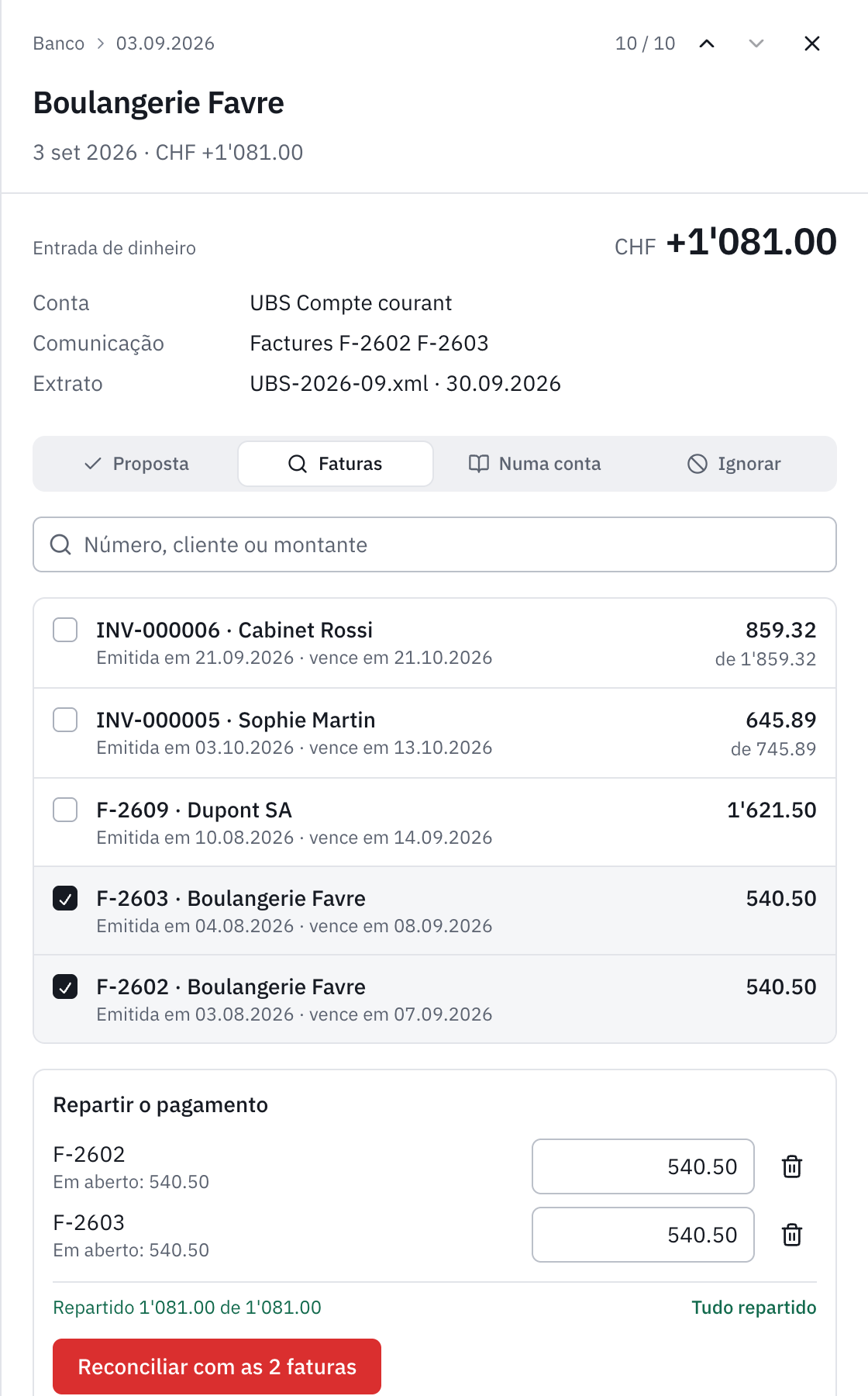 A opção Faturas: F-2603 e F-2602 da Boulangerie Favre assinaladas, o pagamento repartido, 540.50 cada uma, e o botão Reconciliar com as 2 faturas.