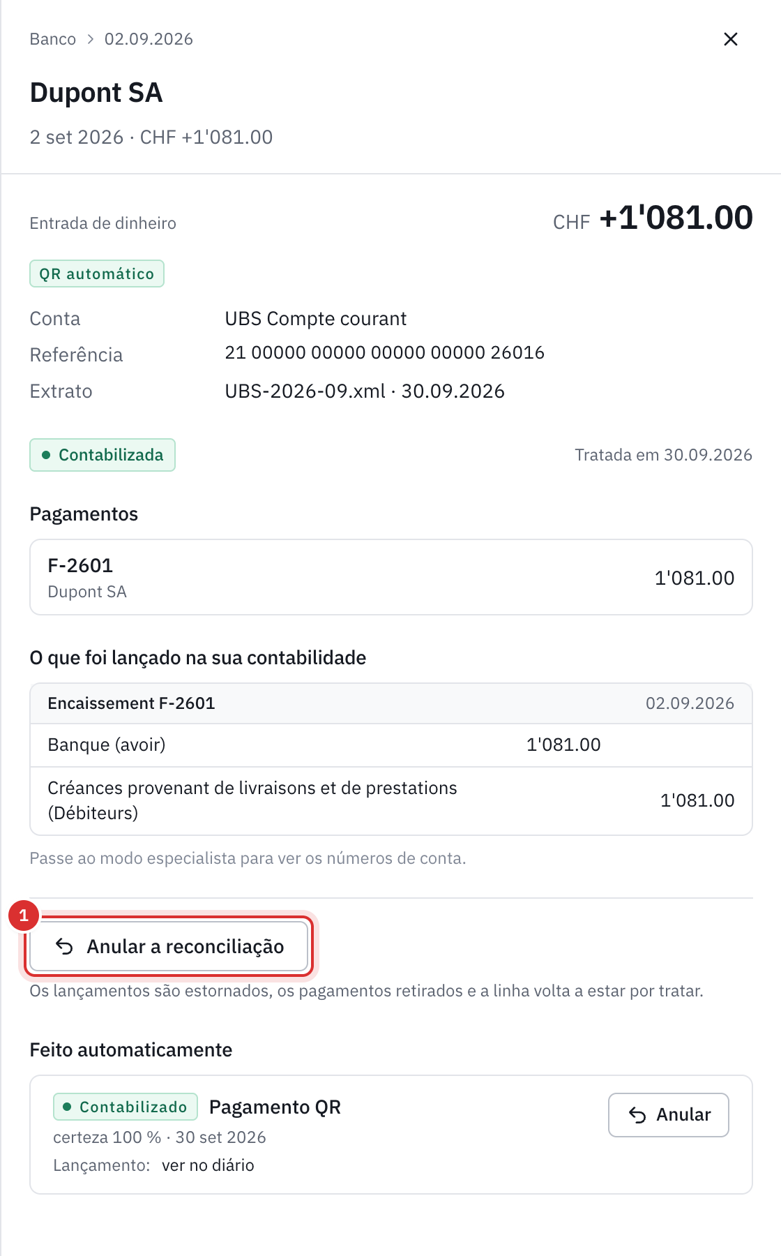 Uma linha reconciliada automaticamente pela referência QR: o pagamento da fatura F-2601, o lançamento Banco contra Devedores e o botão Anular a reconciliação.