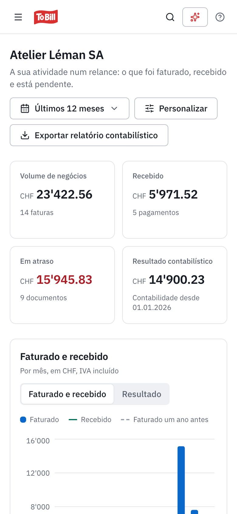 O painel de controlo do To Bill num telemóvel.