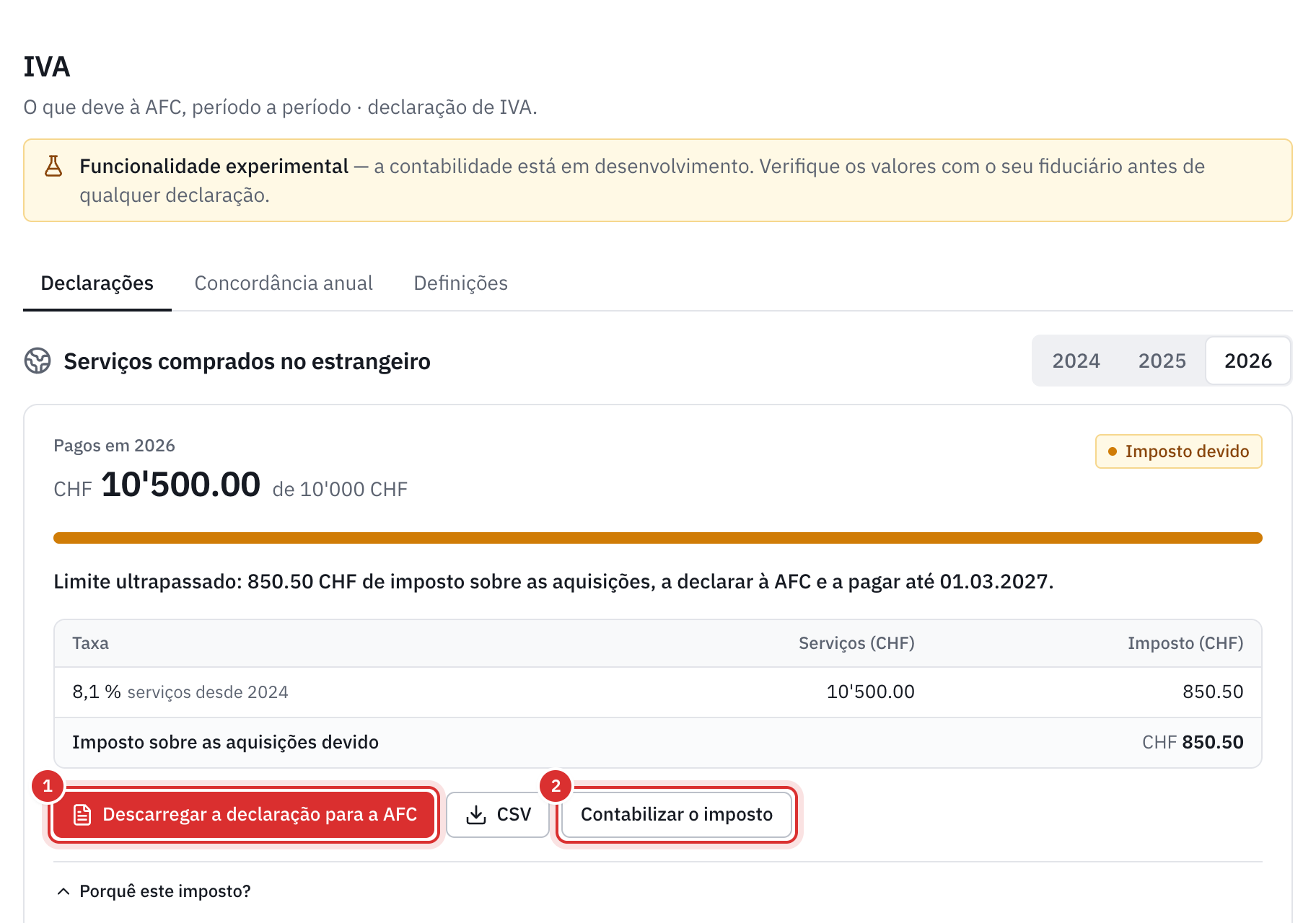 A moldura Serviços comprados no estrangeiro: CHF 10’500 pagos em 2026 para um limite de CHF 10’000, o imposto devido de CHF 850.50 e os botões Descarregar a declaração para a AFC e Contabilizar o imposto.