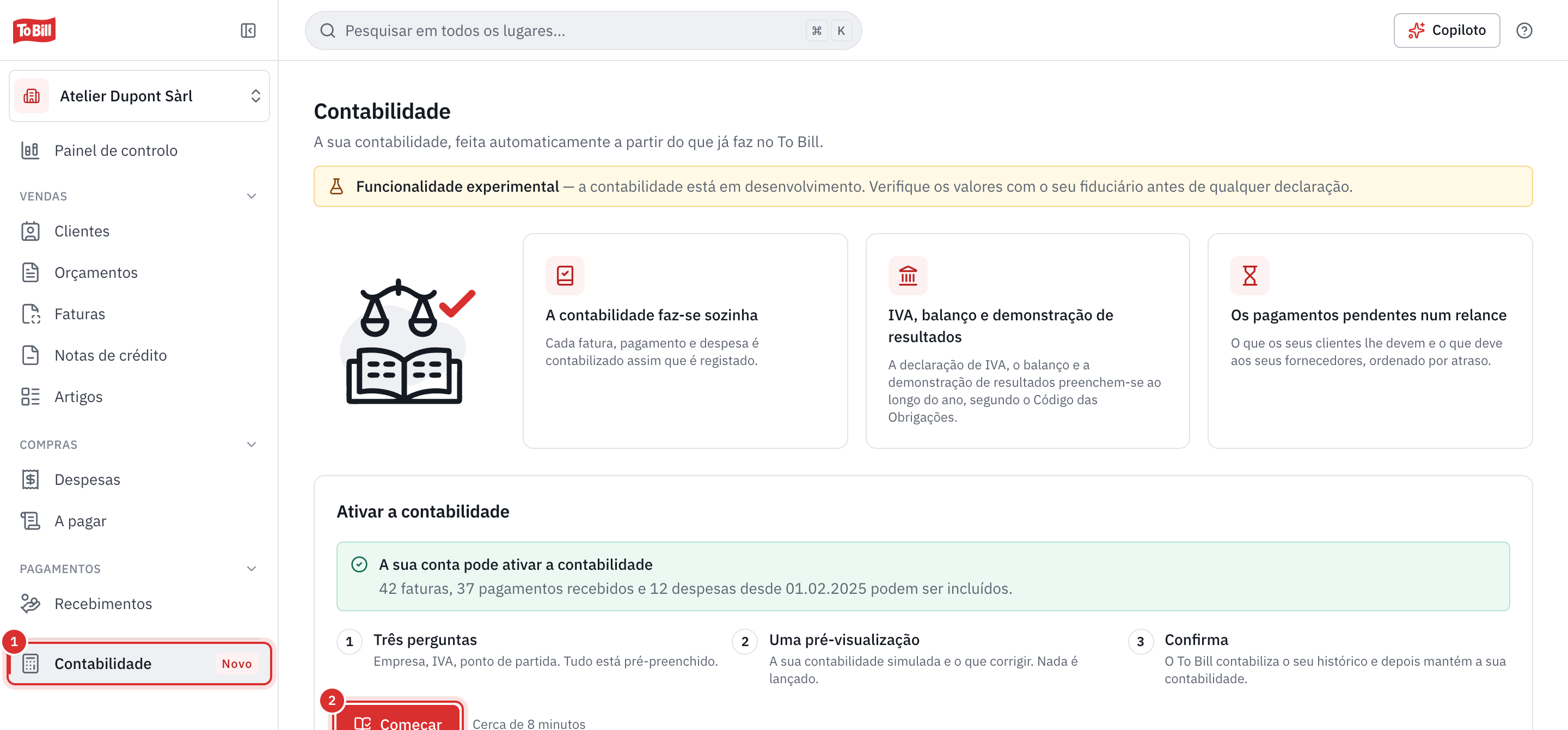A página Contabilidade antes da ativação: o menu Contabilidade assinalado como Novo e o botão Começar.