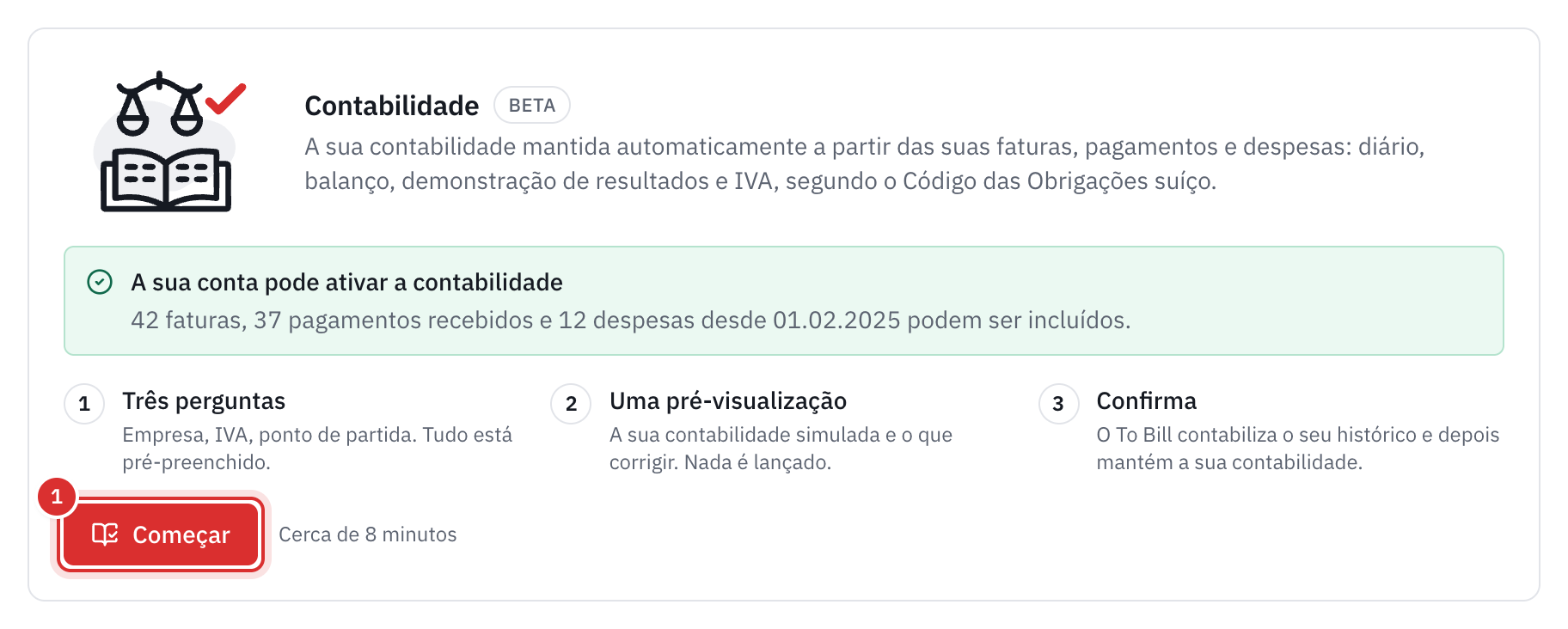O cartão Contabilidade em Definições, Módulos, com o botão Começar.