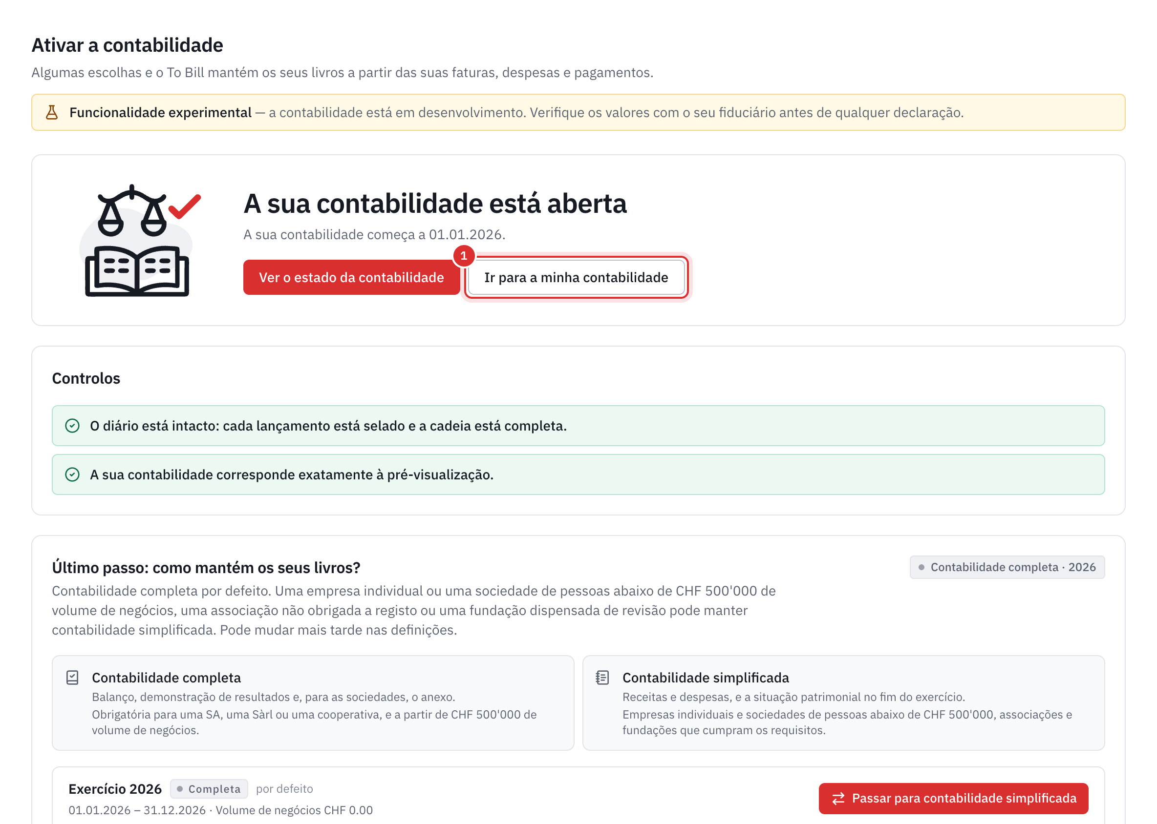 O ecrã A sua contabilidade está aberta, com os controlos e a escolha do tipo de contabilidade.