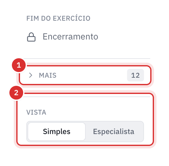O fundo do menu da contabilidade: o grupo Mais recolhido, com o número de comprovativos que aí aguardam, e a escolha da vista Simples ou Especialista.