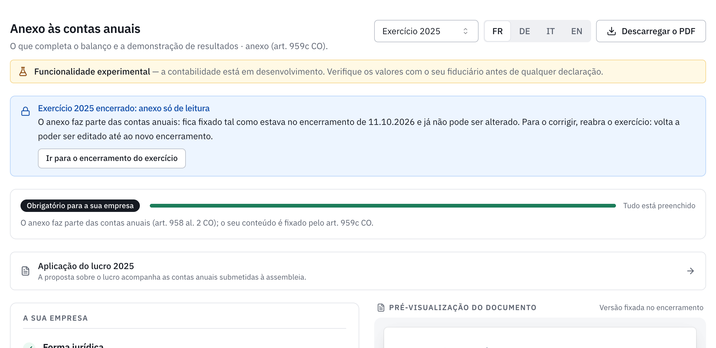 O anexo de 2025 depois do encerramento: a mensagem de exercício 2025 encerrado, anexo só de leitura, com a ligação Ir para o encerramento do exercício.
