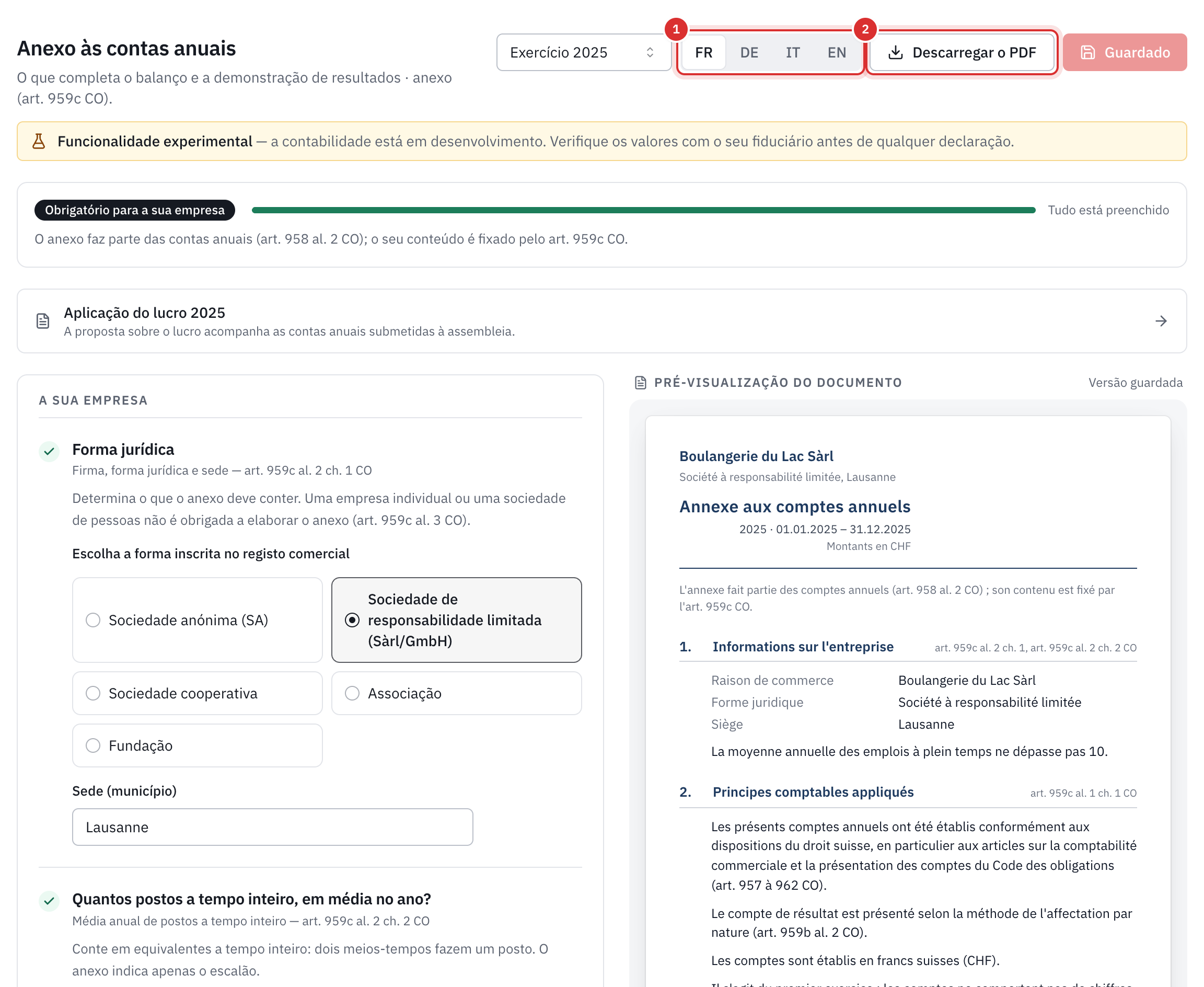 O anexo de 2025: a língua do documento, o botão Descarregar o PDF, a barra Tudo está preenchido, as perguntas sobre a empresa à esquerda e a pré-visualização do documento à direita.