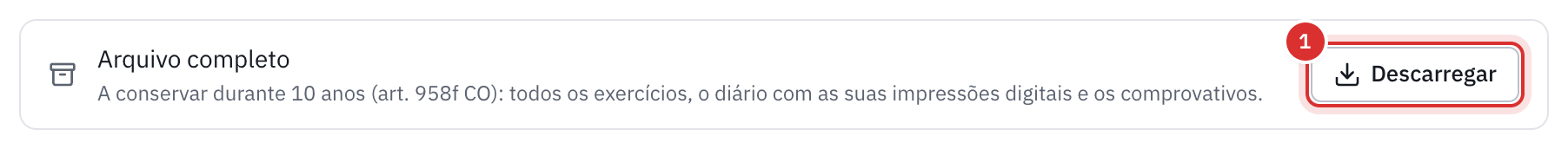 A linha Arquivo completo da página Exportações, a conservar durante dez anos, com o botão Descarregar.